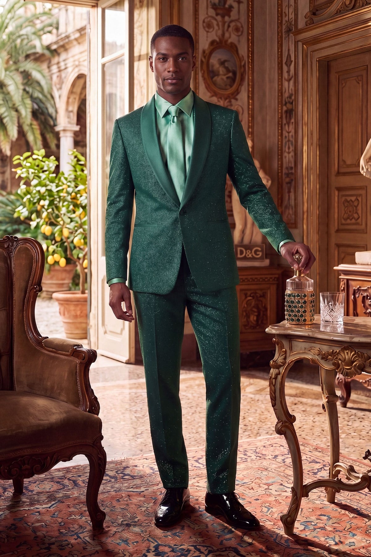 Barabas Men's Glitter Shine Contrasting Shawl Lapel Blazer 6BL07 #Color_Emerald