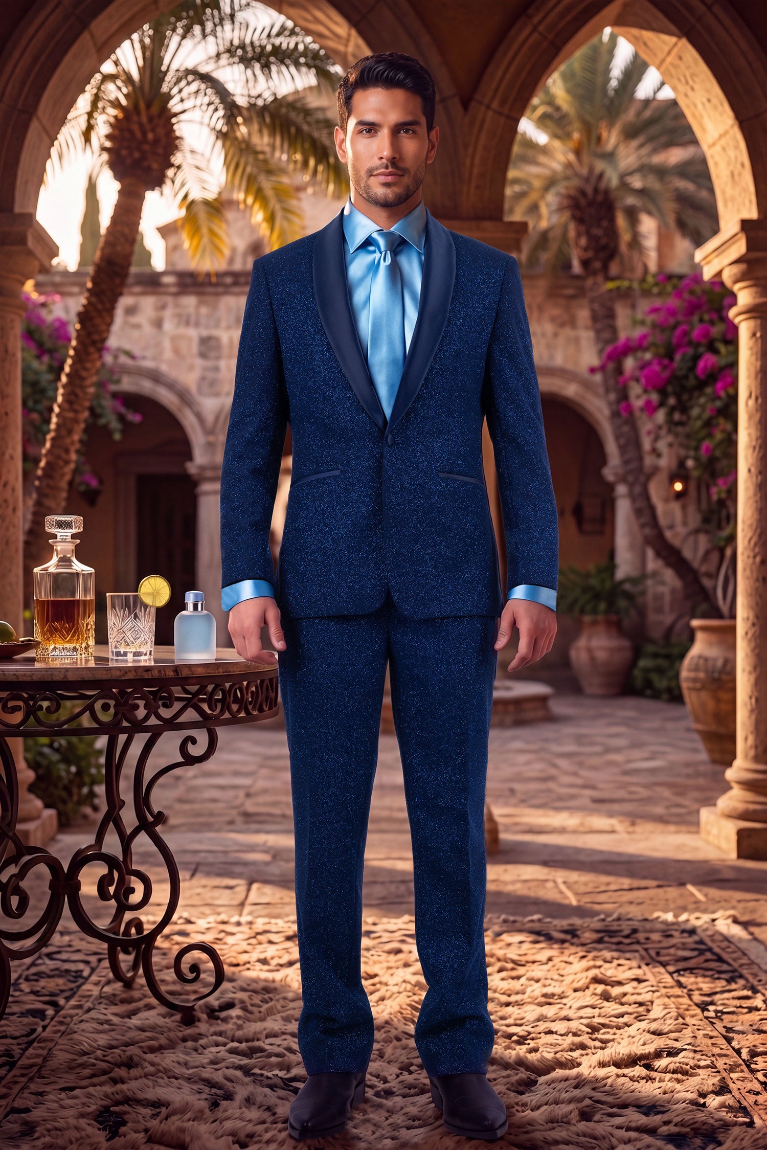 Barabas Men's Glitter Shine Contrasting Shawl Lapel Blazer 6BL07 Estate Blue