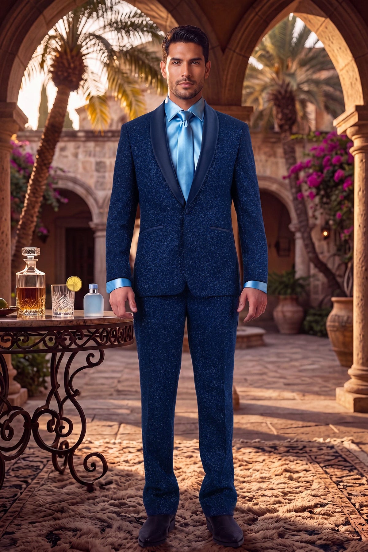 Barabas Men's Glitter Shine Contrasting Shawl Lapel Blazer 6BL07 #Color_Estate Blue