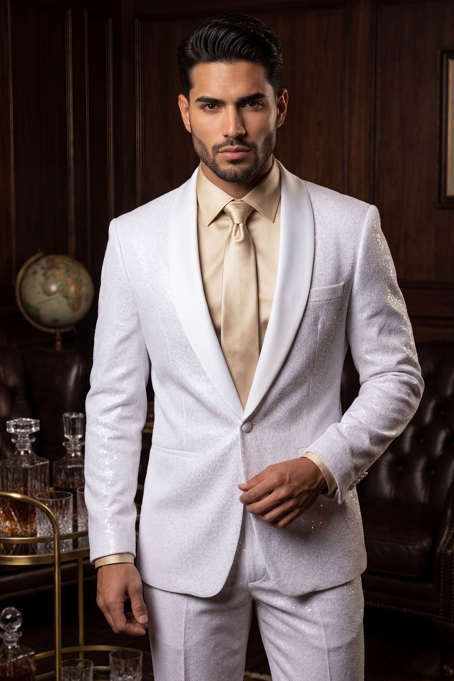 Barabas Men's Glitter Shine Contrasting Shawl Lapel Blazer 6BL07 White Gold