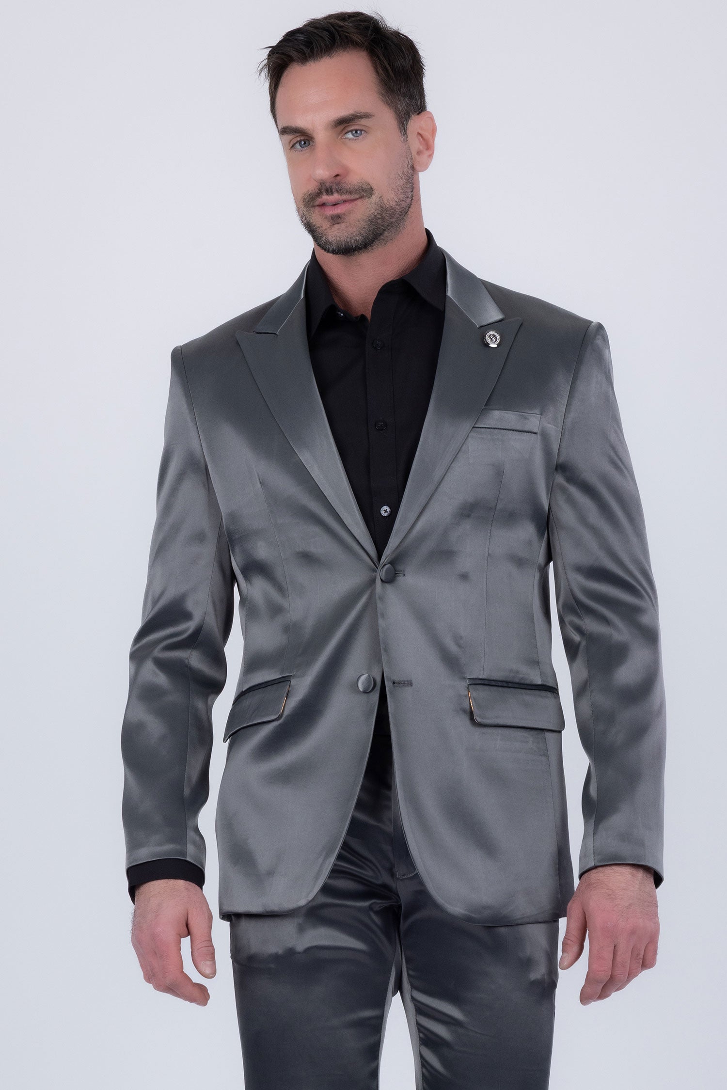 Barabas Men's Solid Color Satin Metallic Peak Lapel Blazer 6BL1010 Charcoal