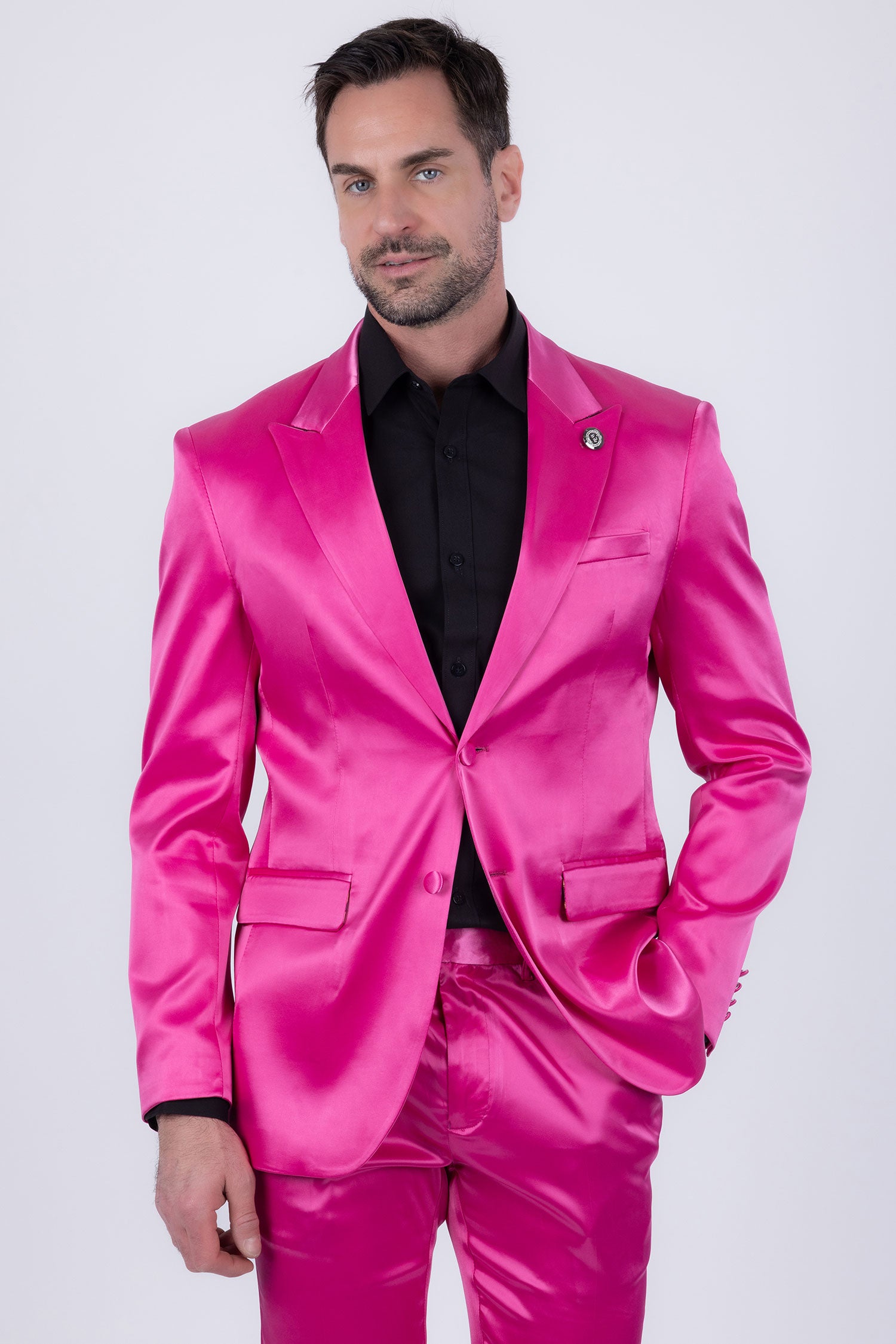 Barabas Men's Solid Color Satin Metallic Peak Lapel Blazer 6BL1010 Pink