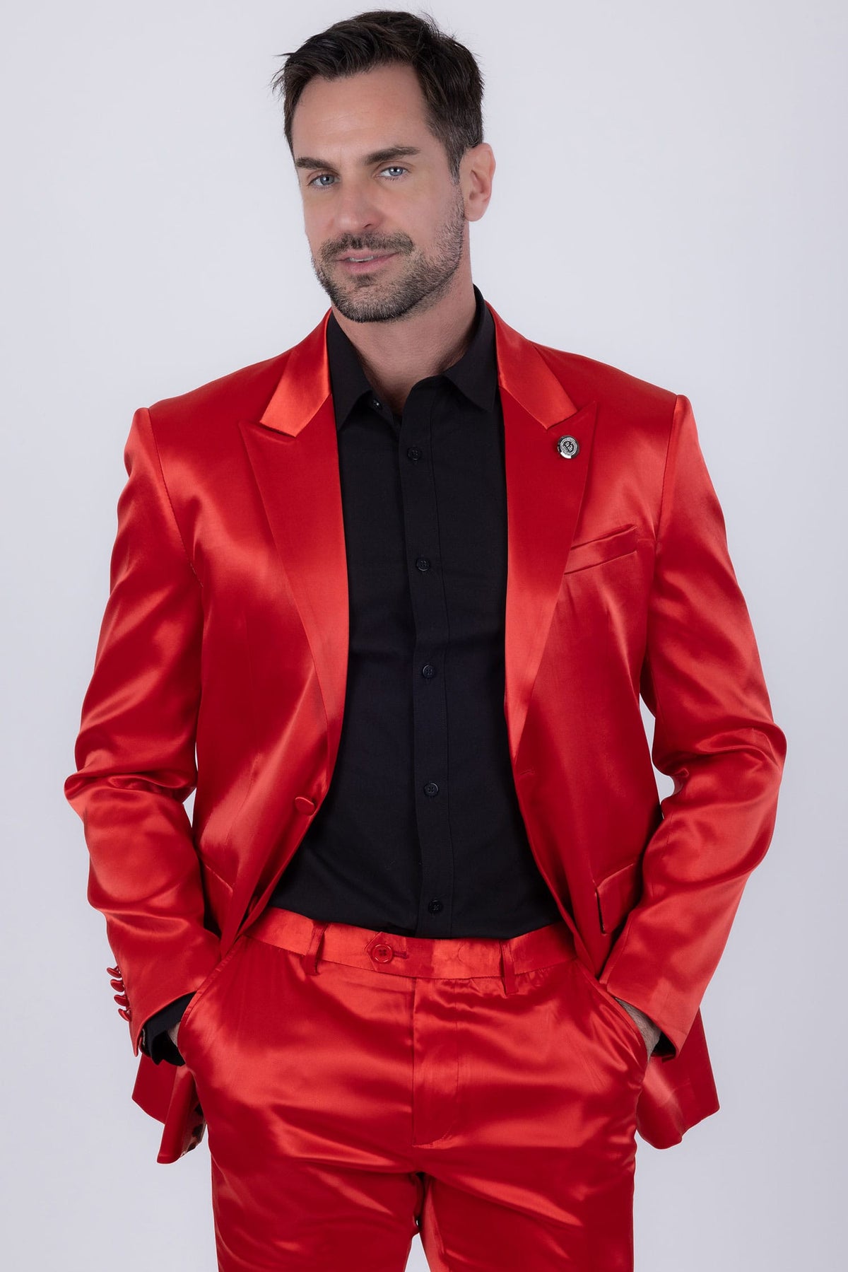 Barabas Men's Solid Color Satin Metallic Peak Lapel Blazer 6BL1010 #Color_Poppy Red