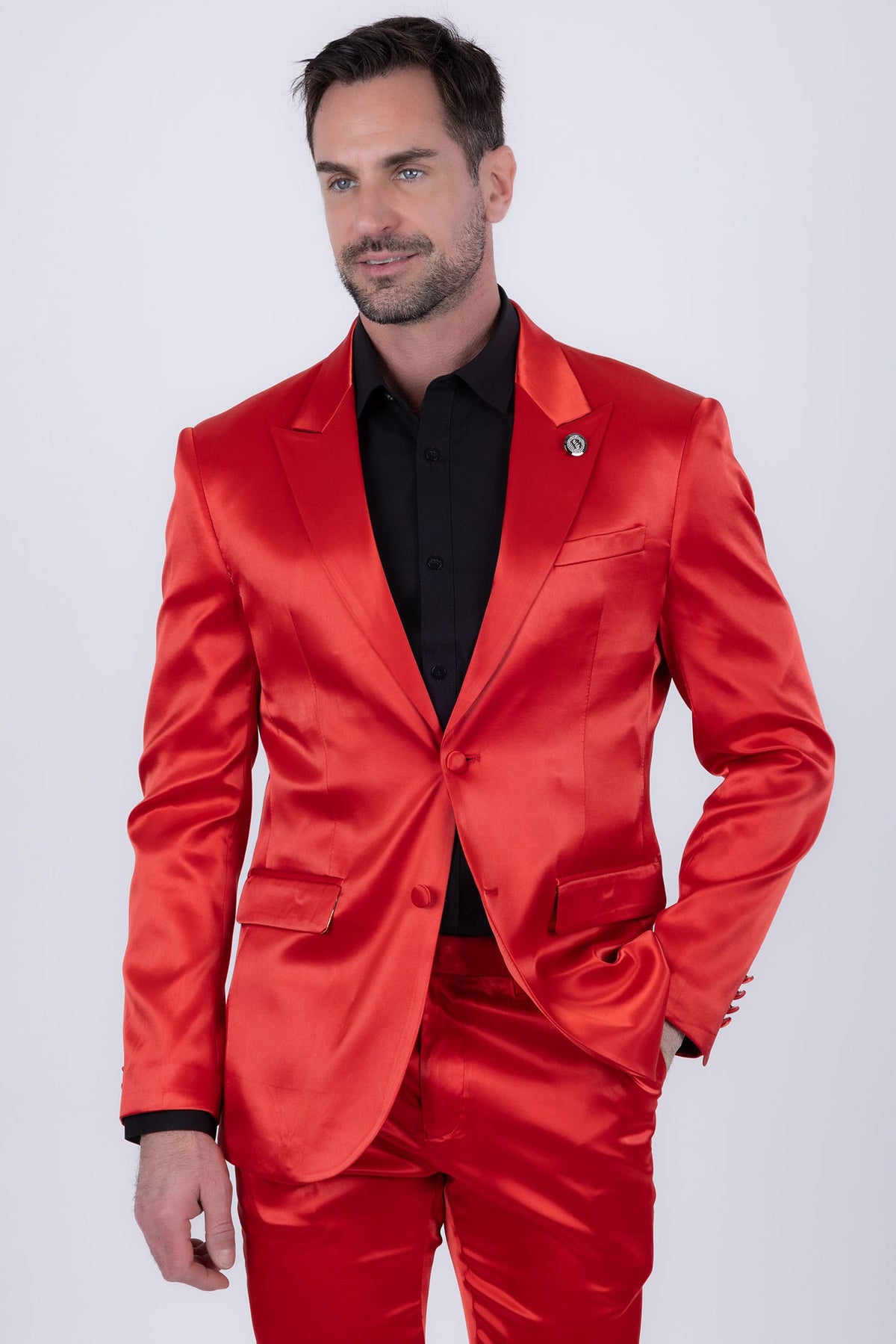 Barabas Men's Solid Color Satin Metallic Peak Lapel Blazer 6BL1010 #Color_Poppy Red