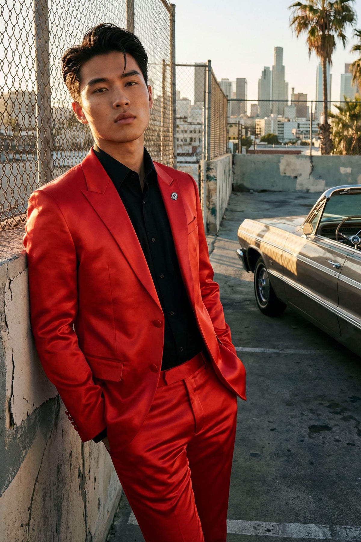 Barabas Men's Solid Color Satin Metallic Peak Lapel Blazer 6BL1010 #Color_Poppy Red