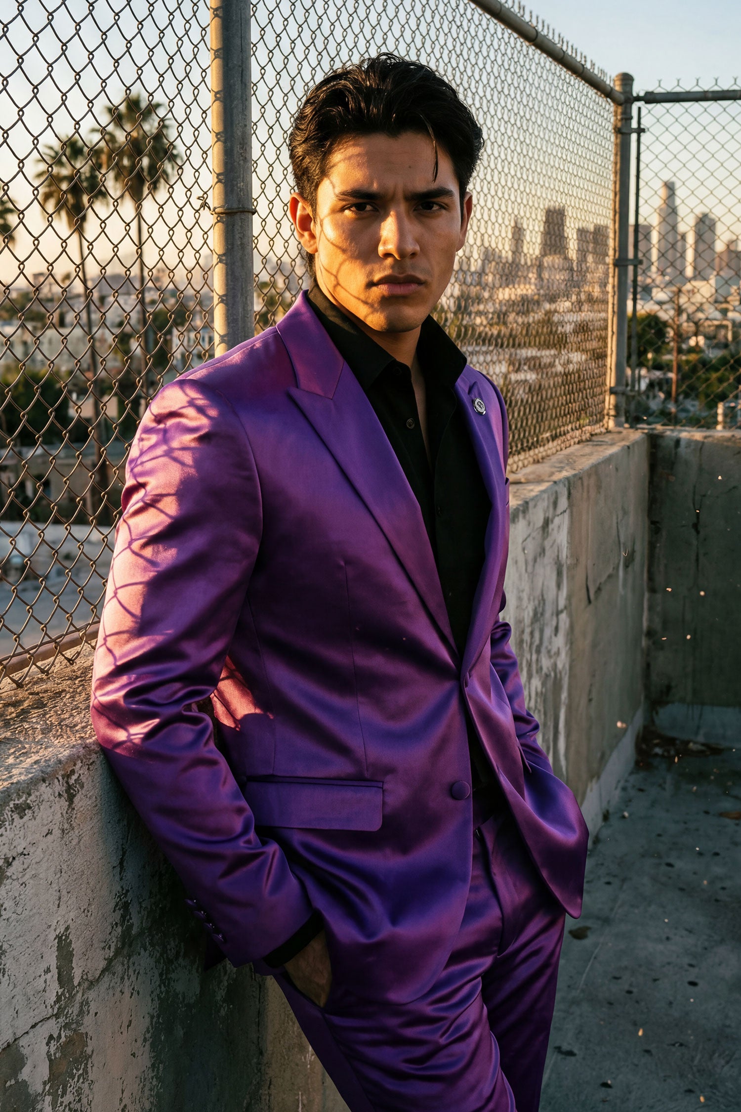 Barabas Men's Solid Color Satin Metallic Peak Lapel Blazer 6BL1010 Purple