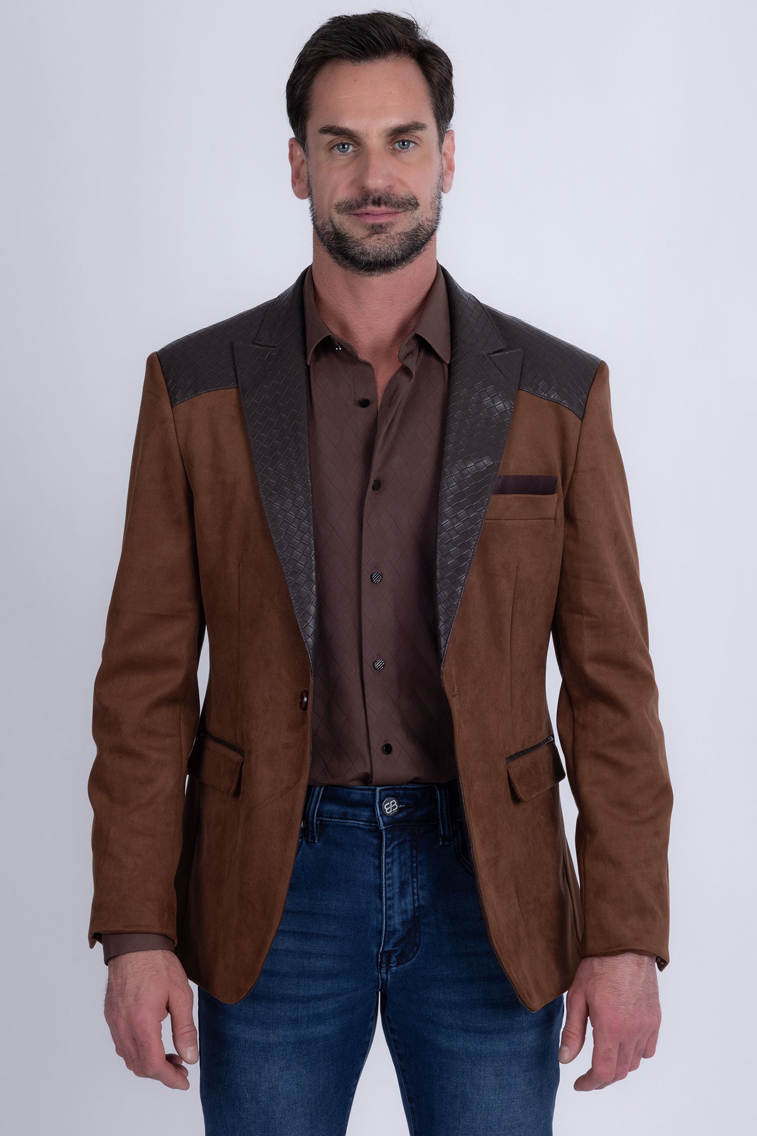 Barabas Men's Faux Leather Lapel Patterned Peak Lapel Blazer 6BLW01 Brown