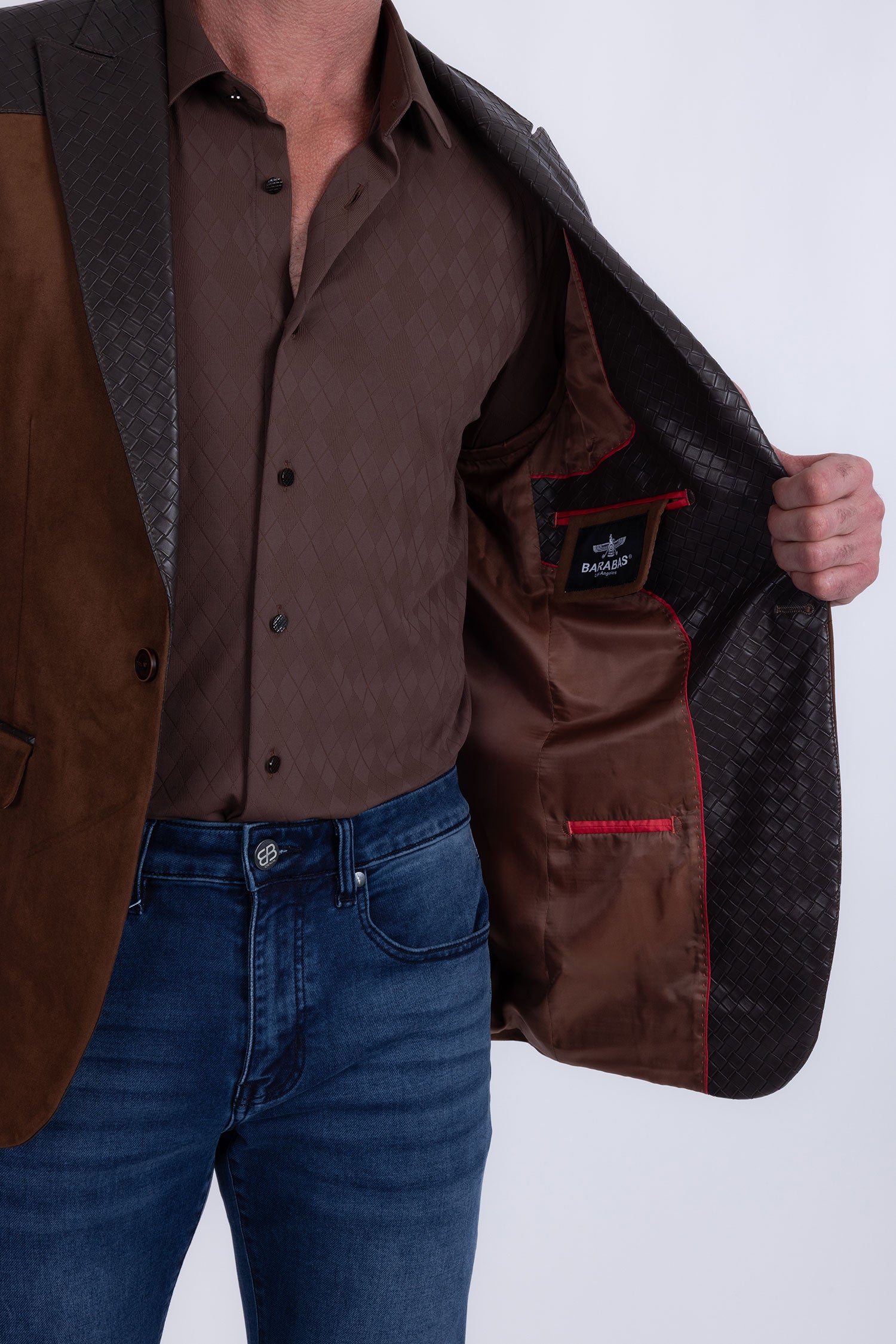 Barabas Men's Faux Leather Lapel Patterned Peak Lapel Blazer 6BLW01 Brown