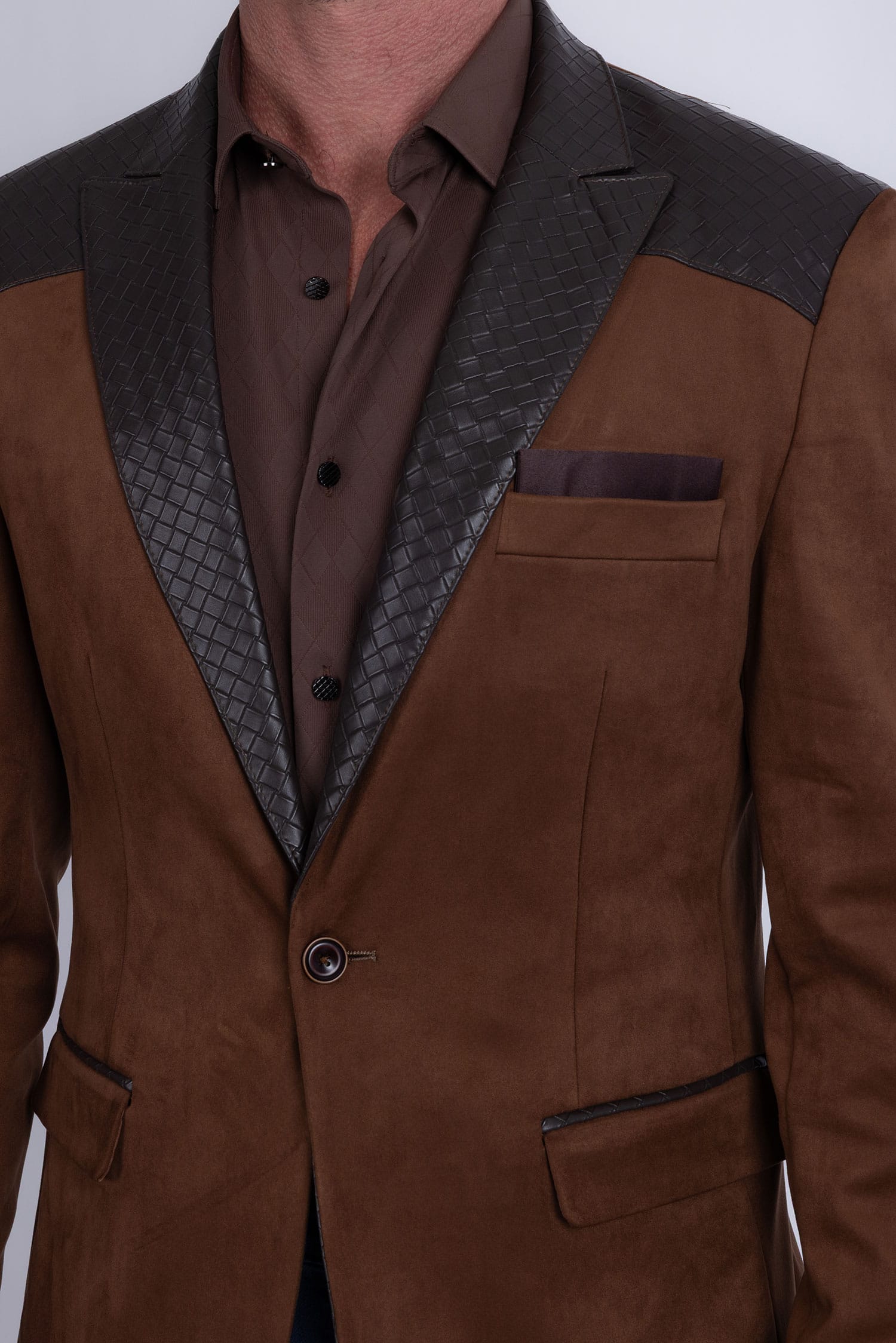 Barabas Men's Faux Leather Lapel Patterned Peak Lapel Blazer 6BLW01 Brown