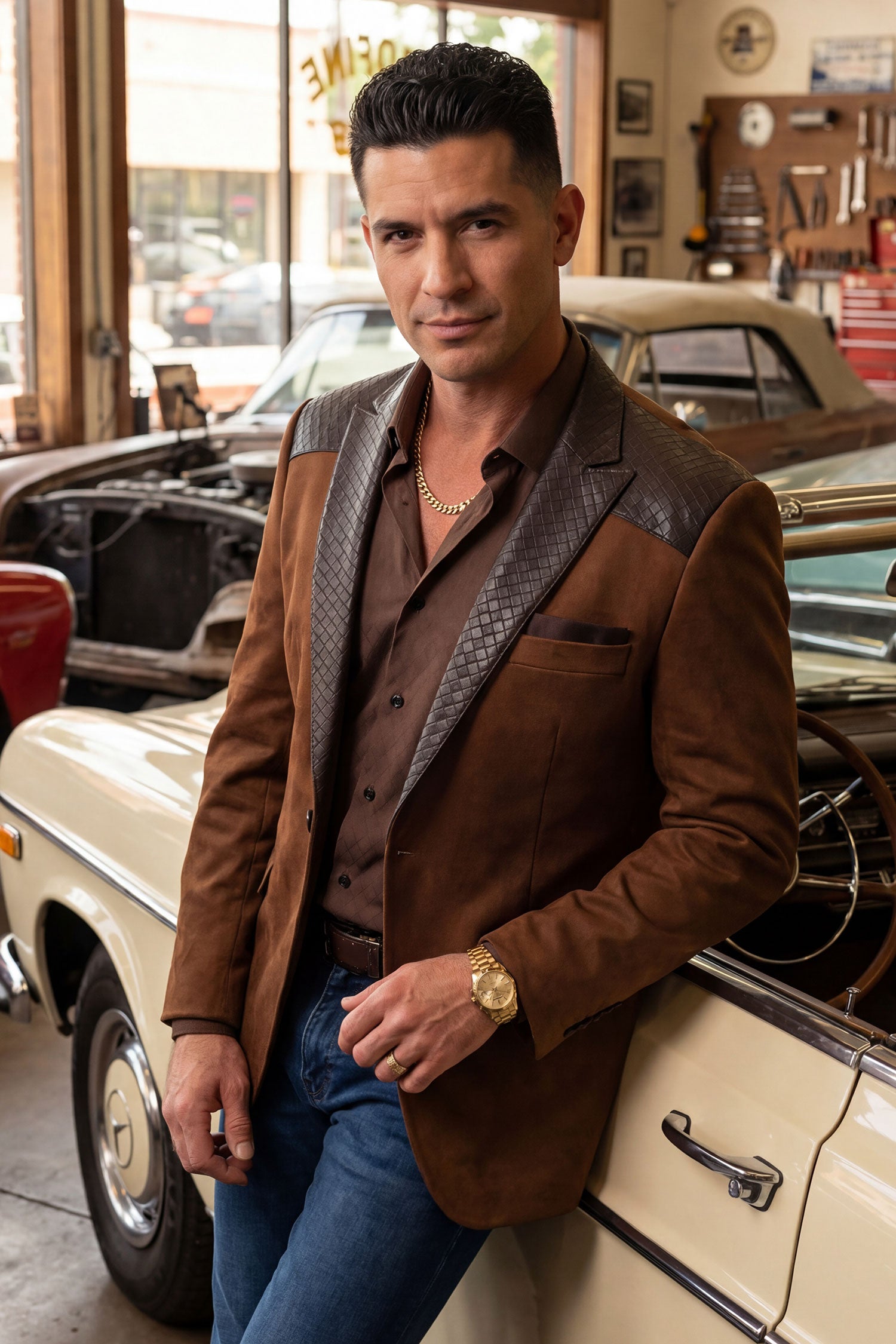 Barabas Men's Faux Leather Lapel Patterned Peak Lapel Blazer 6BLW01 Brown