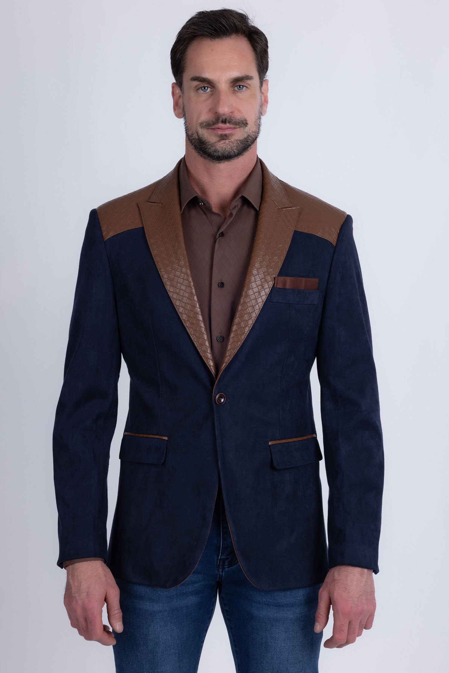 Barabas Men's Faux Leather Lapel Patterned Peak Lapel Blazer 6BLW01 Navy