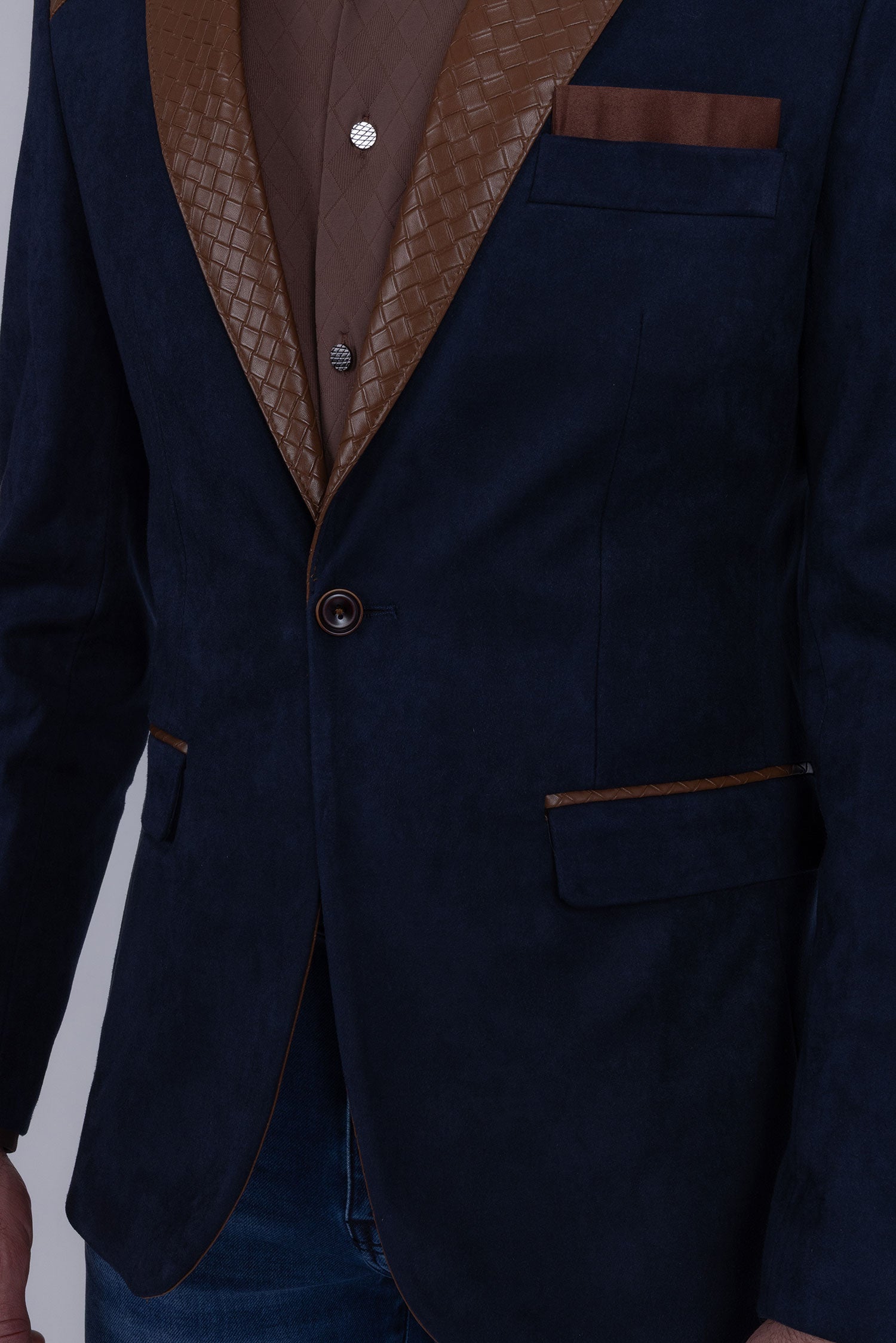 Barabas Men's Faux Leather Lapel Patterned Peak Lapel Blazer 6BLW01 Navy