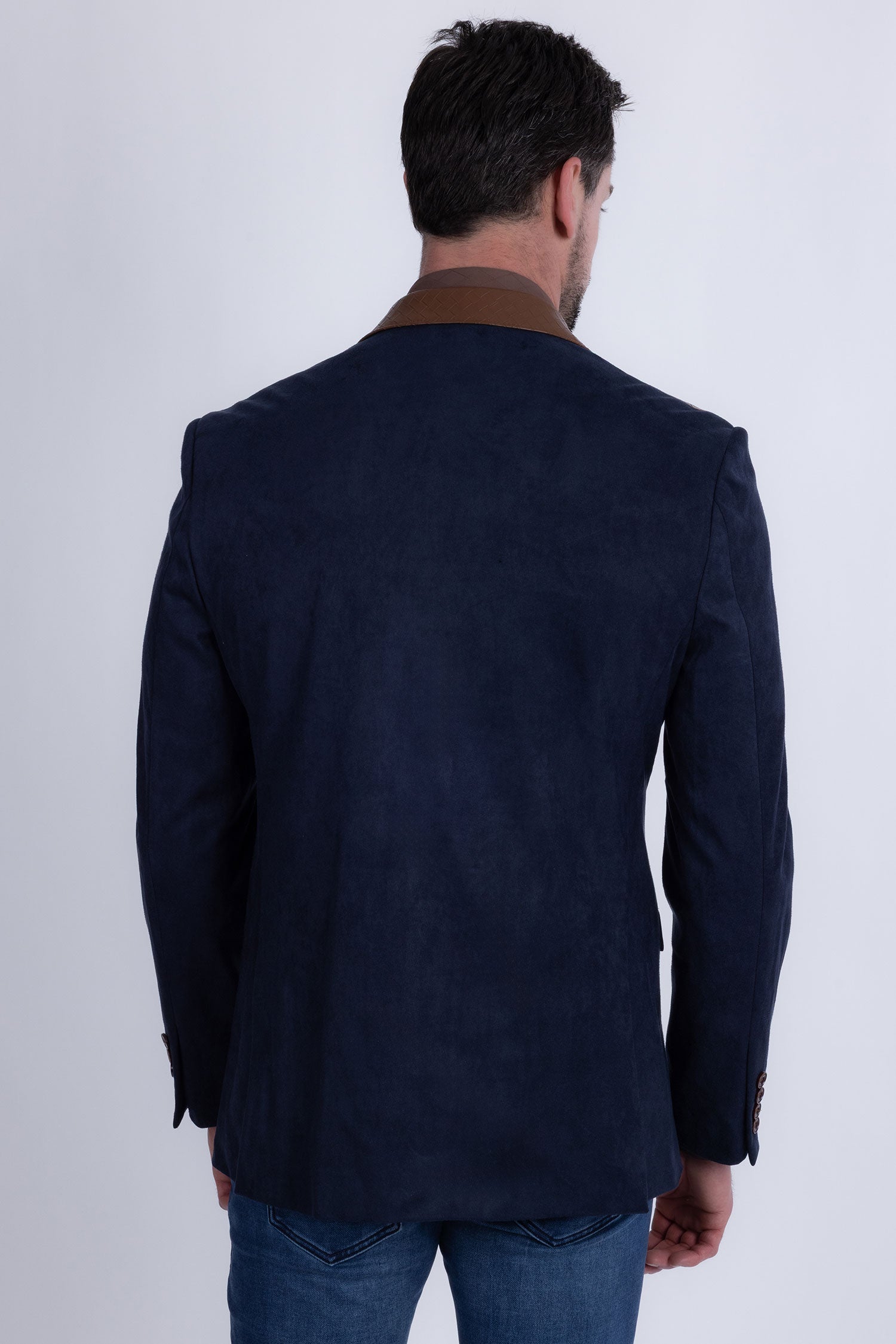 Barabas Men's Faux Leather Lapel Patterned Peak Lapel Blazer 6BLW01 Navy