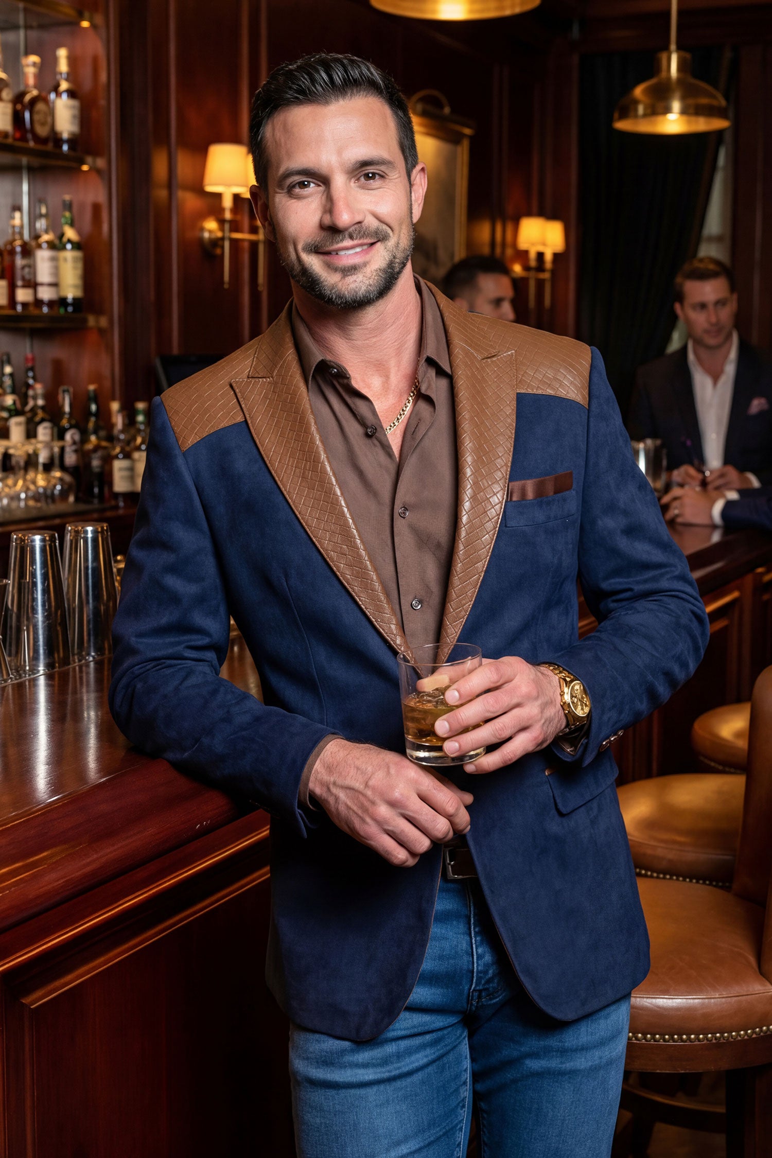 Barabas Men's Faux Leather Lapel Patterned Peak Lapel Blazer 6BLW01 Navy