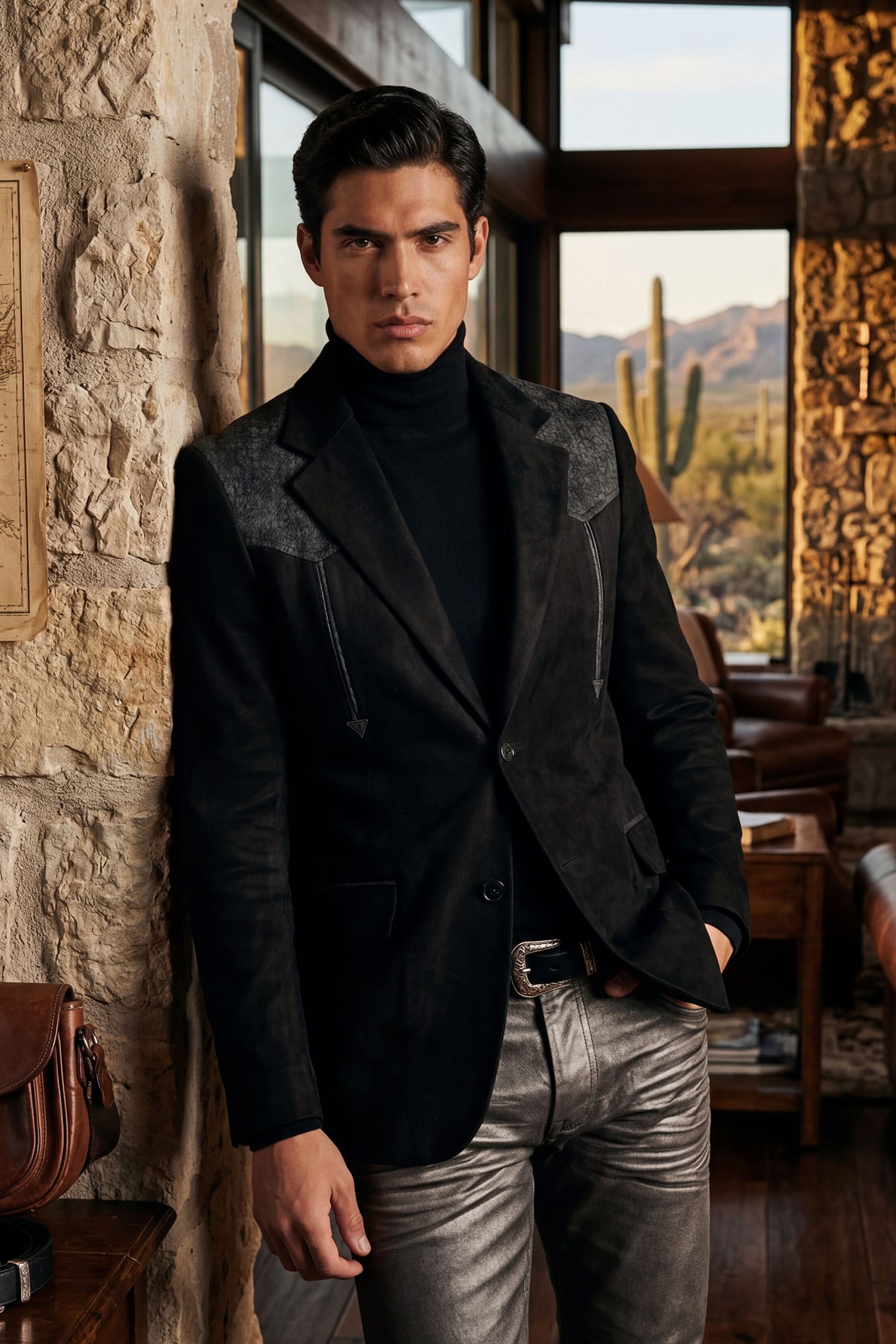 Barabas Men's Suede Western Design Notch Lapel Blazer 6BLW02 Black Charcoal