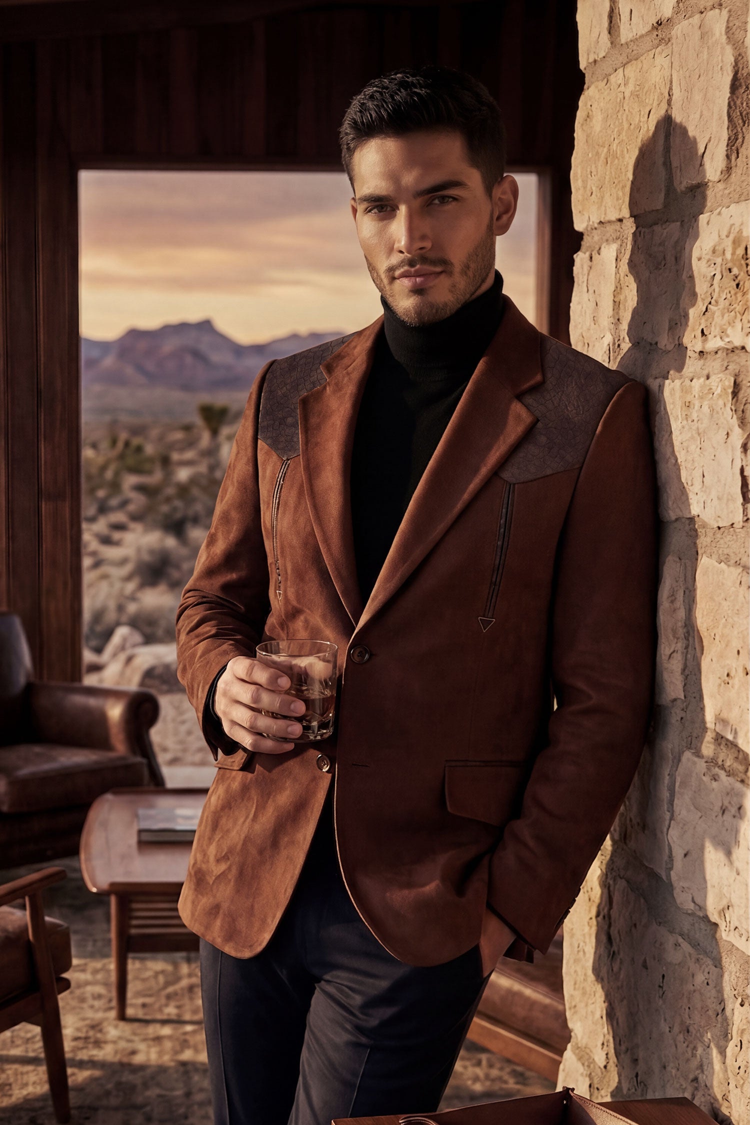 Barabas Men's Suede Western Design Notch Lapel Blazer 6BLW02 Chocolate