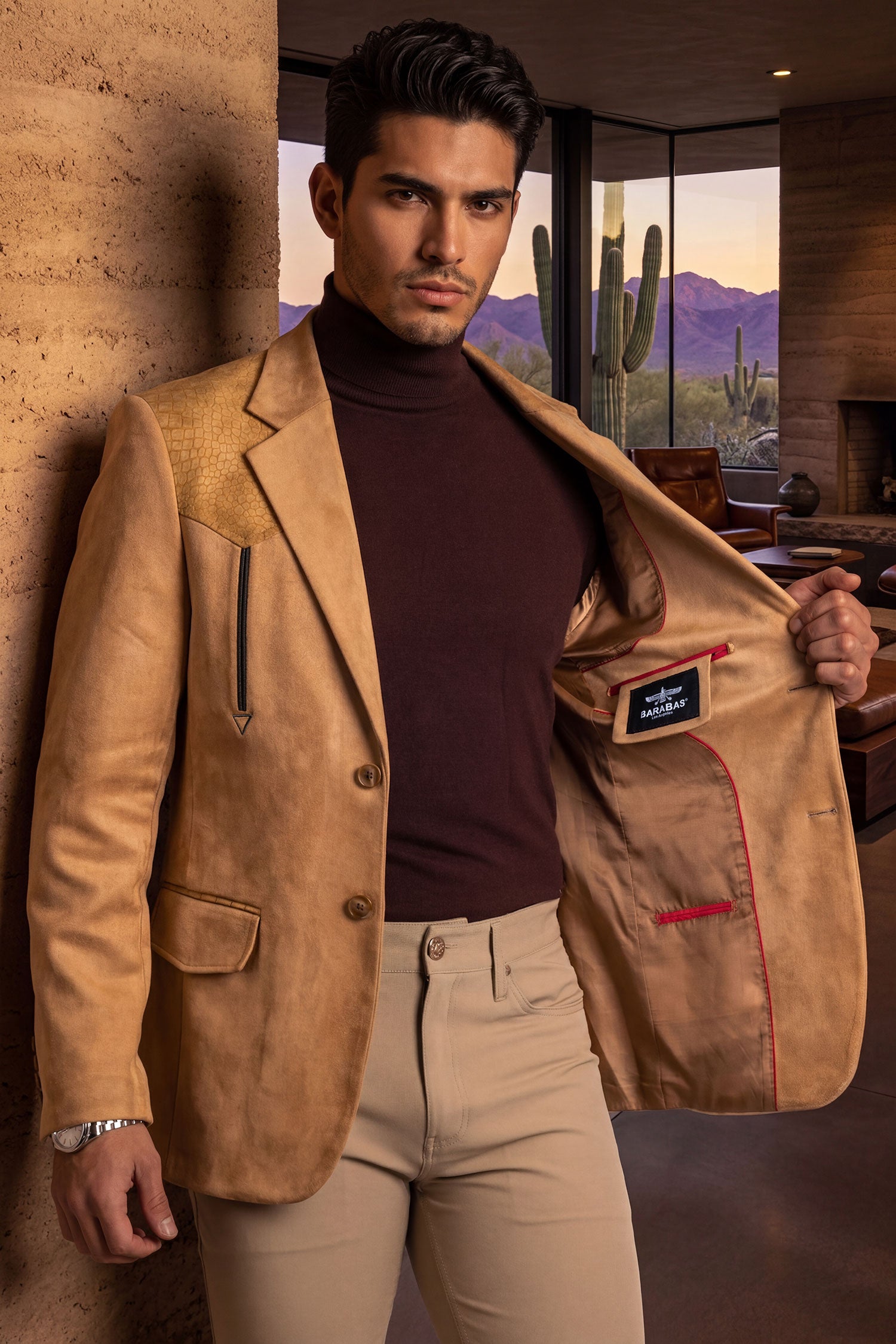 Barabas Men's Suede Western Design Notch Lapel Blazer 6BLW02 Curry