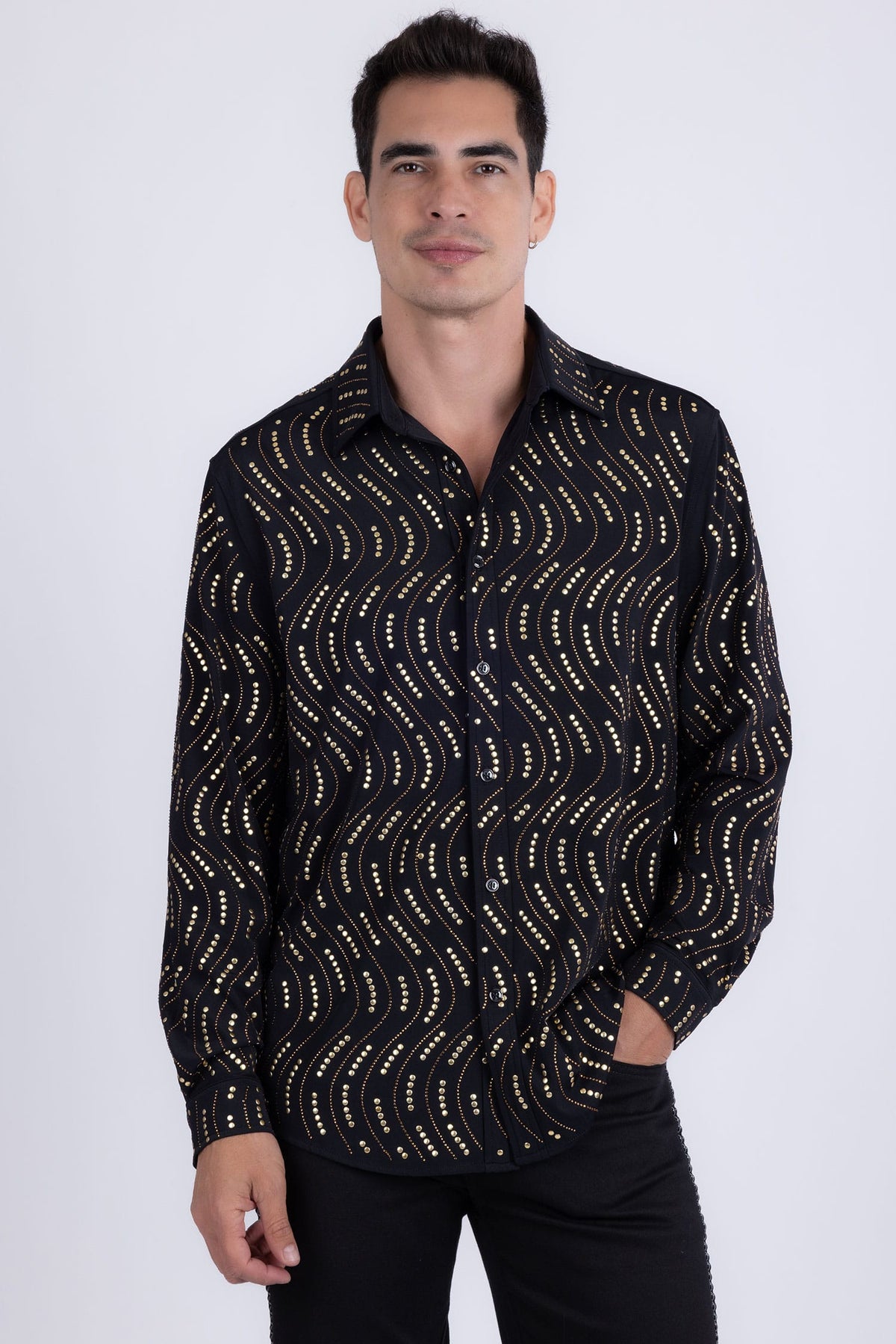 Men's Rhinestone Geometric Wave Print Shirt | BARABAS 6BR02 Black Gold