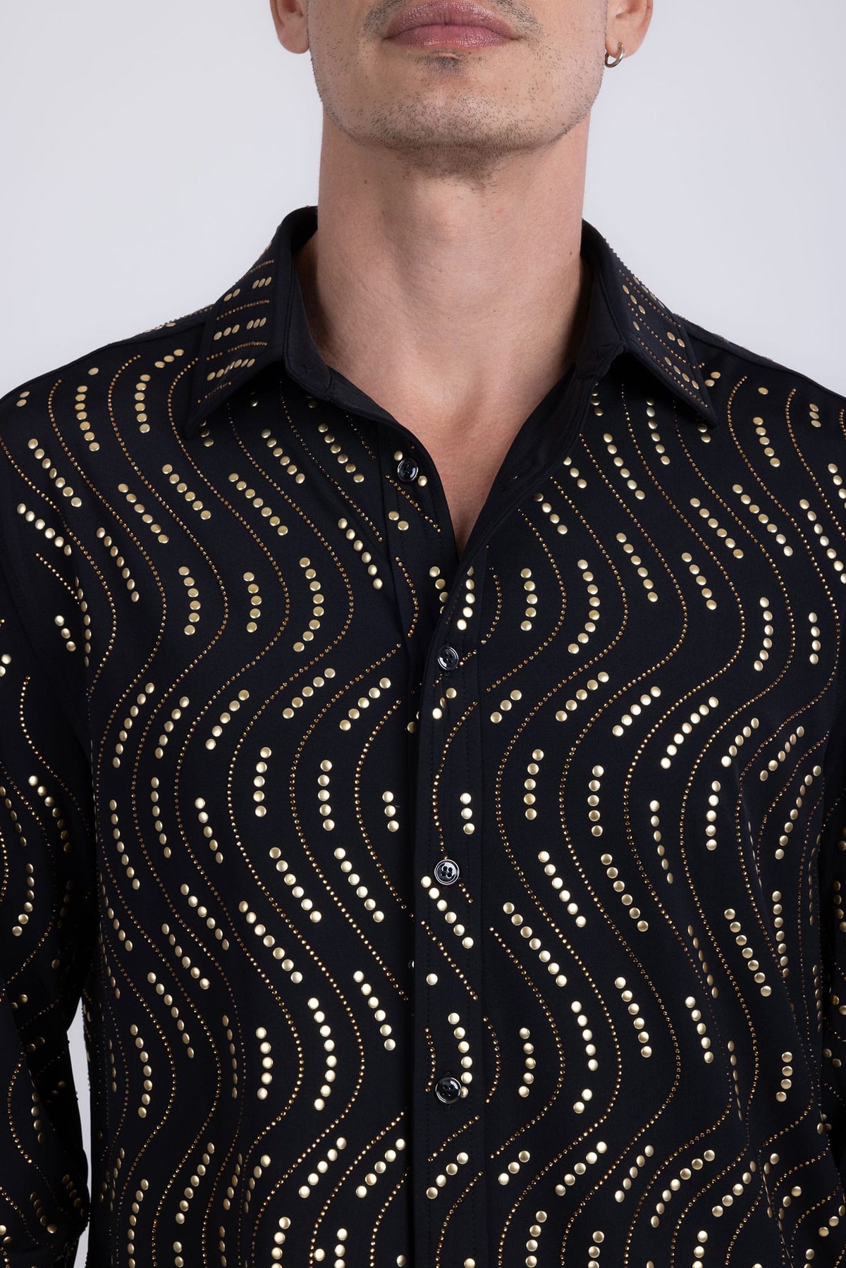 Men's Rhinestone Geometric Wave Print Shirt | BARABAS 6BR02 Black Gold