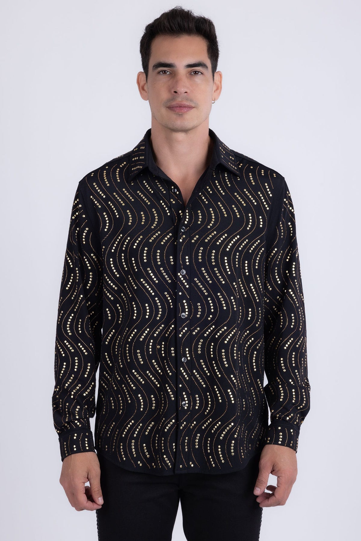 Men's Rhinestone Geometric Wave Print Shirt | BARABAS 6BR02 Black Gold