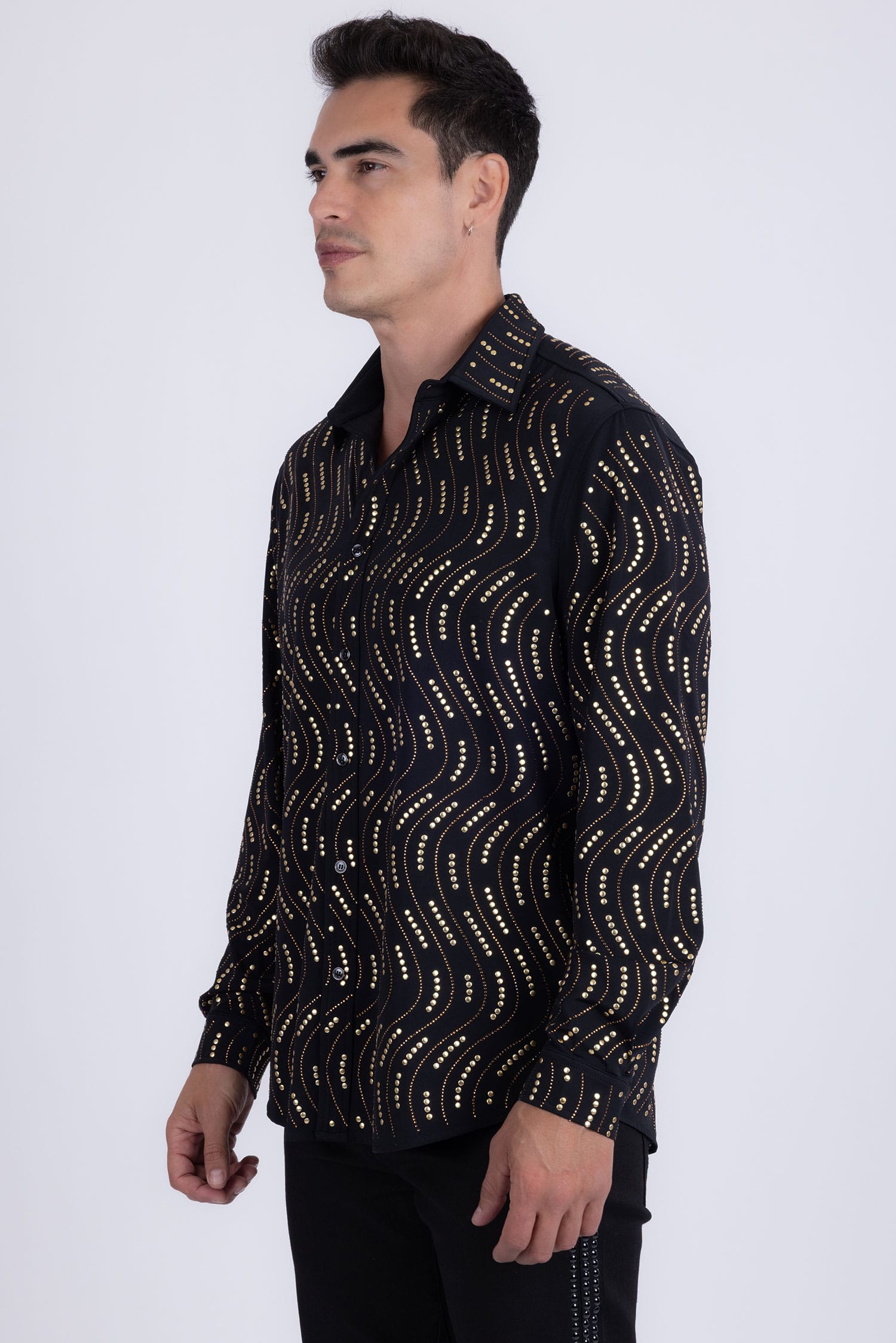 Men's Rhinestone Geometric Wave Print Shirt | BARABAS 6BR02 Black Gold