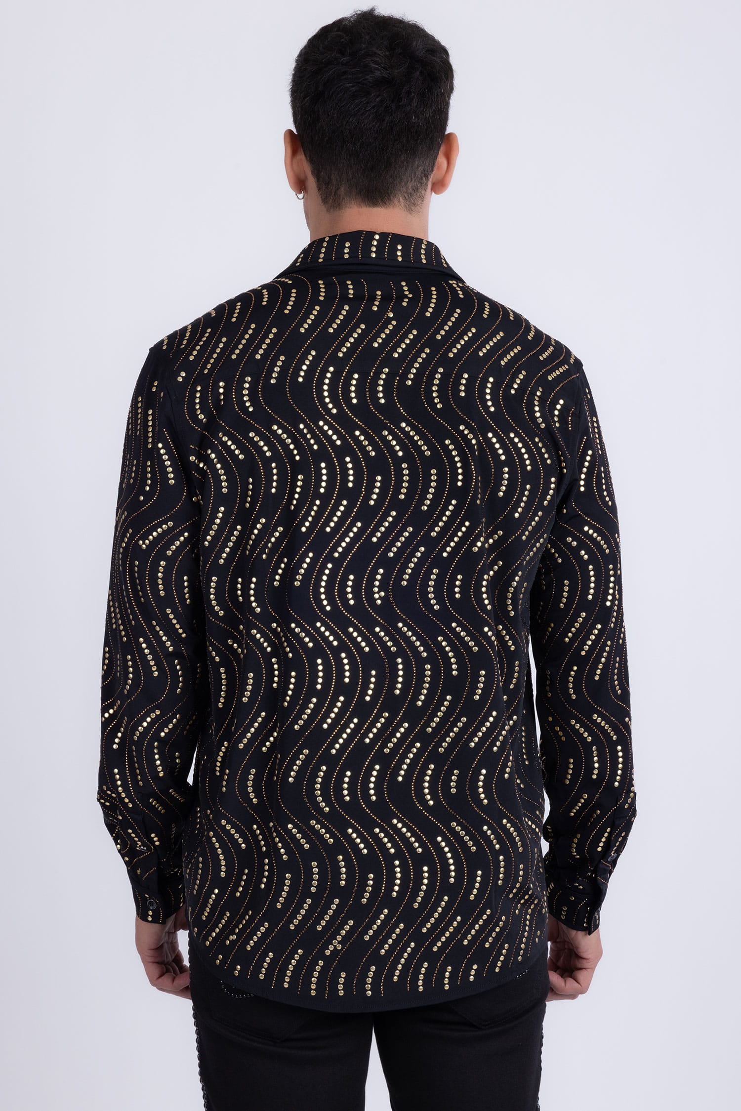 Men's Rhinestone Geometric Wave Print Shirt | BARABAS 6BR02 Black Gold