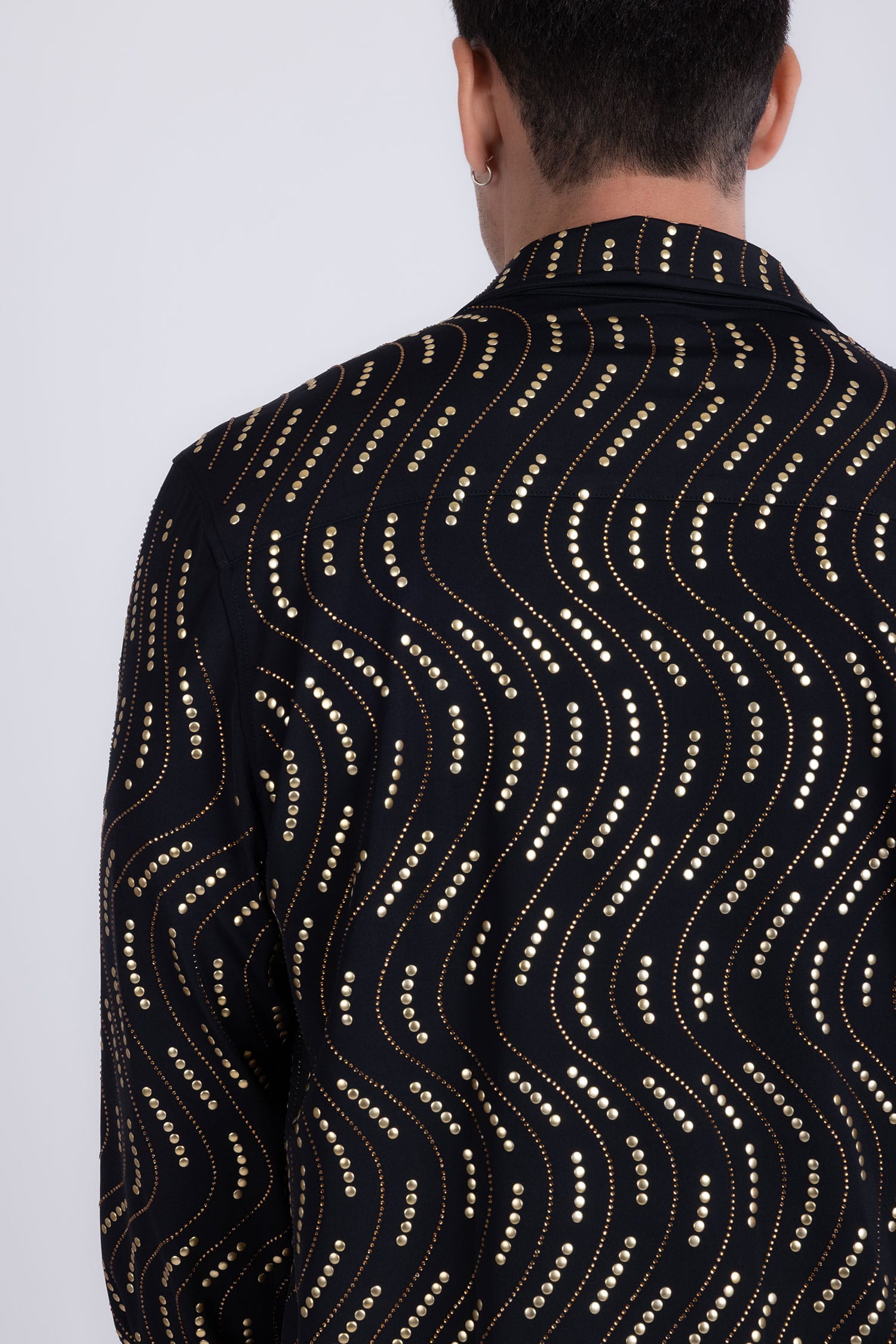 Men's Rhinestone Geometric Wave Print Shirt | BARABAS 6BR02 Black Gold