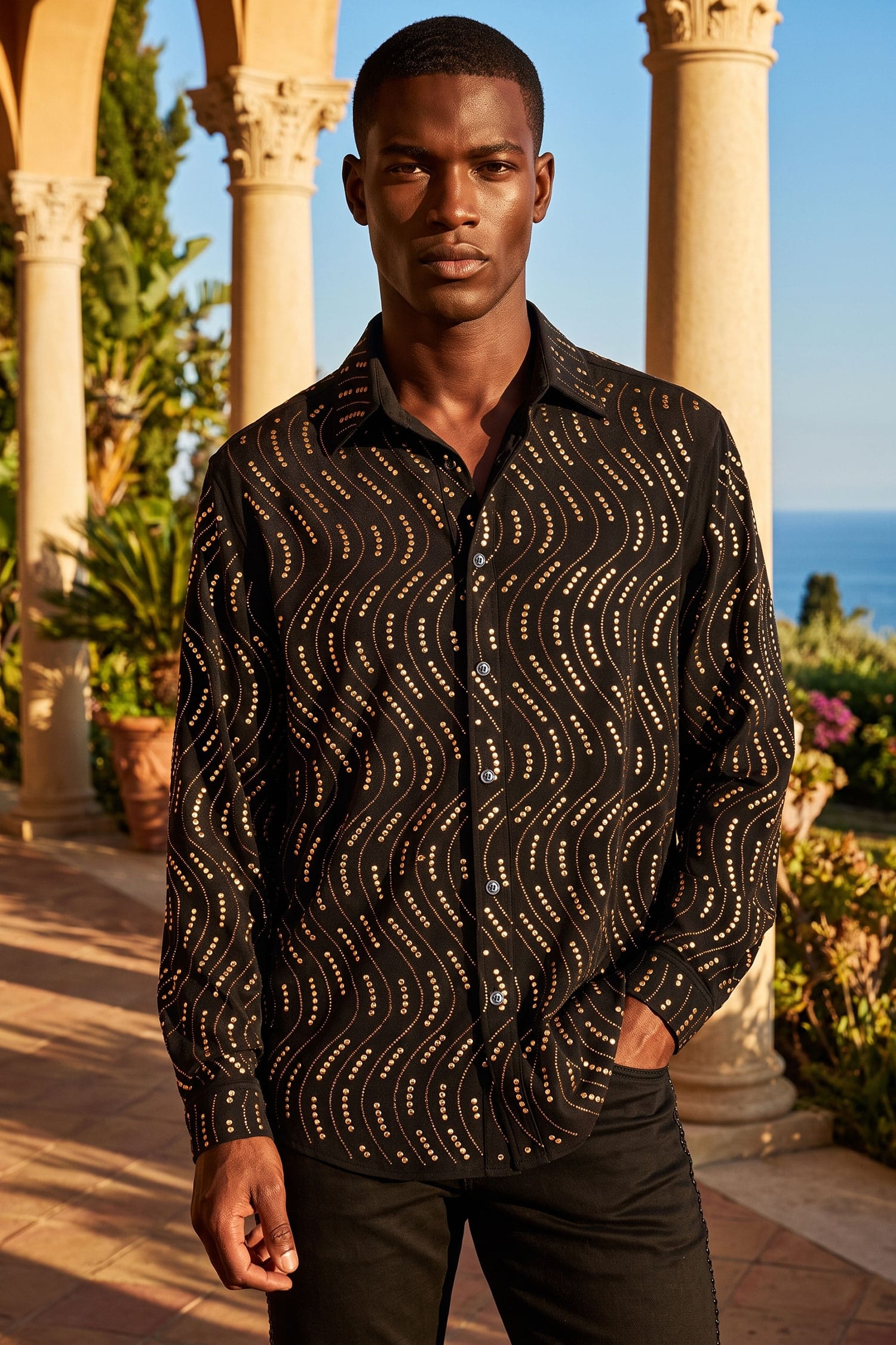 Men's Rhinestone Geometric Wave Print Shirt | BARABAS 6BR02 Black Gold