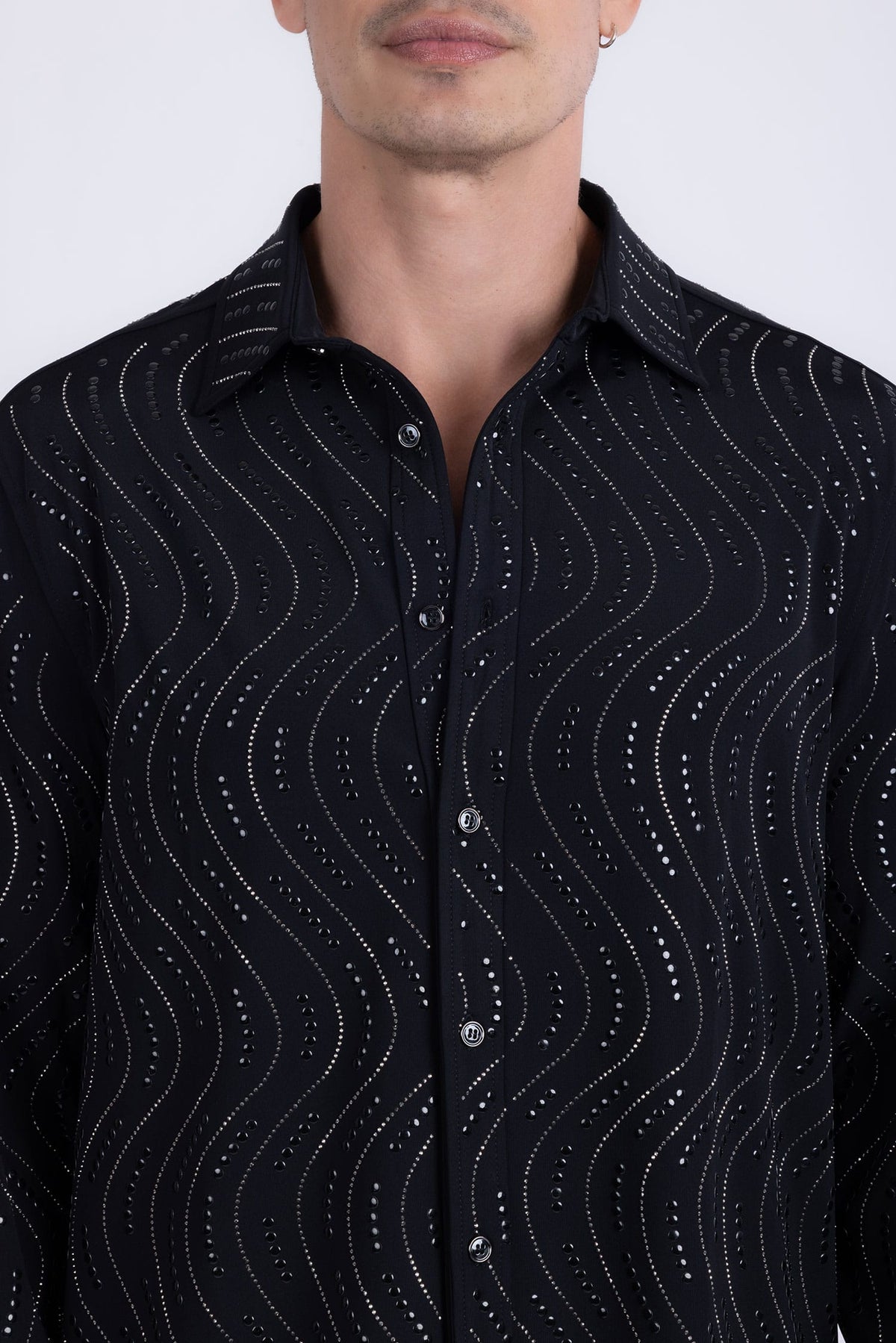 Men's Rhinestone Geometric Wave Print Shirt | BARABAS 6BR02 Black Gun Metal