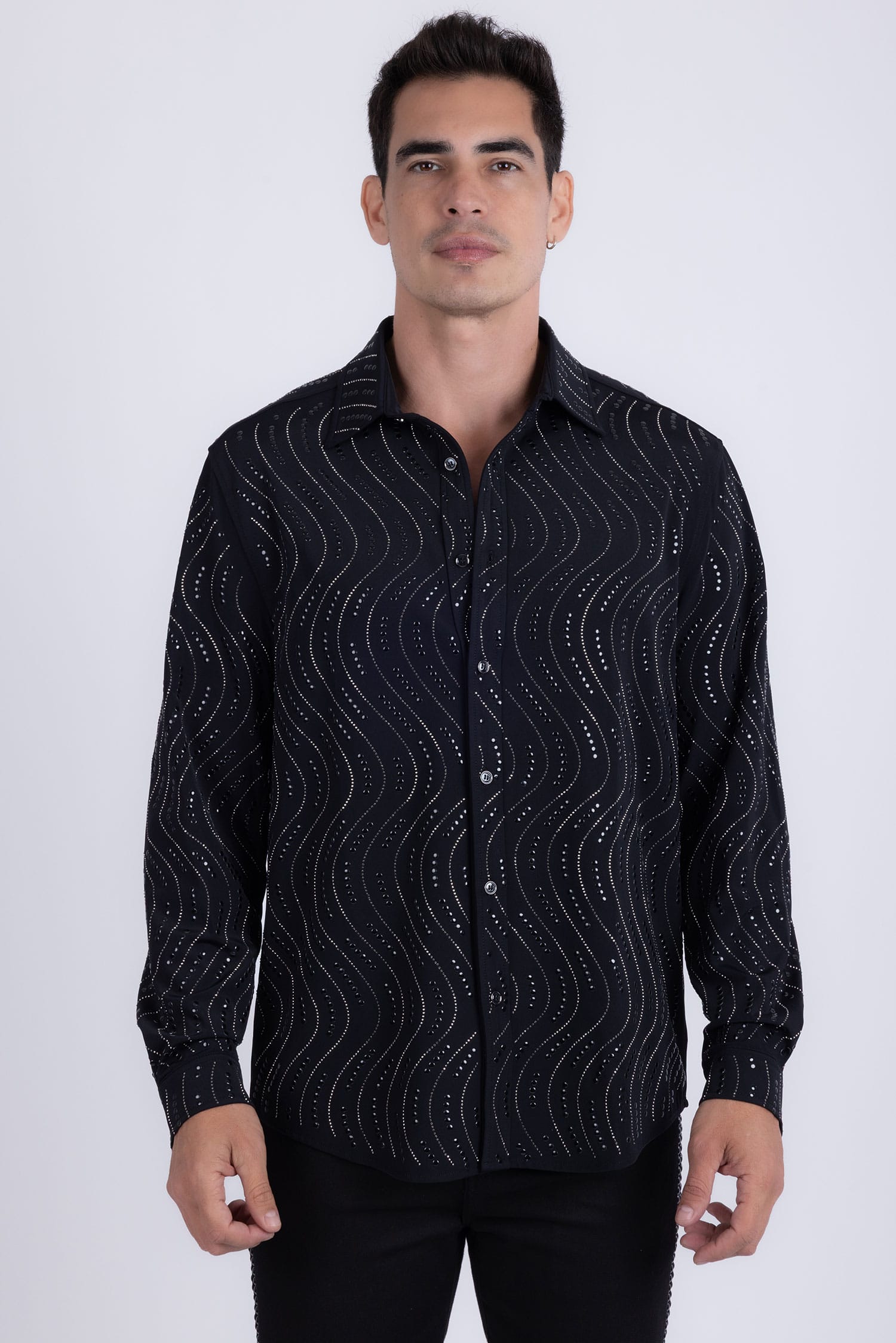 Men's Rhinestone Geometric Wave Print Shirt | BARABAS 6BR02 Black Gun Metal