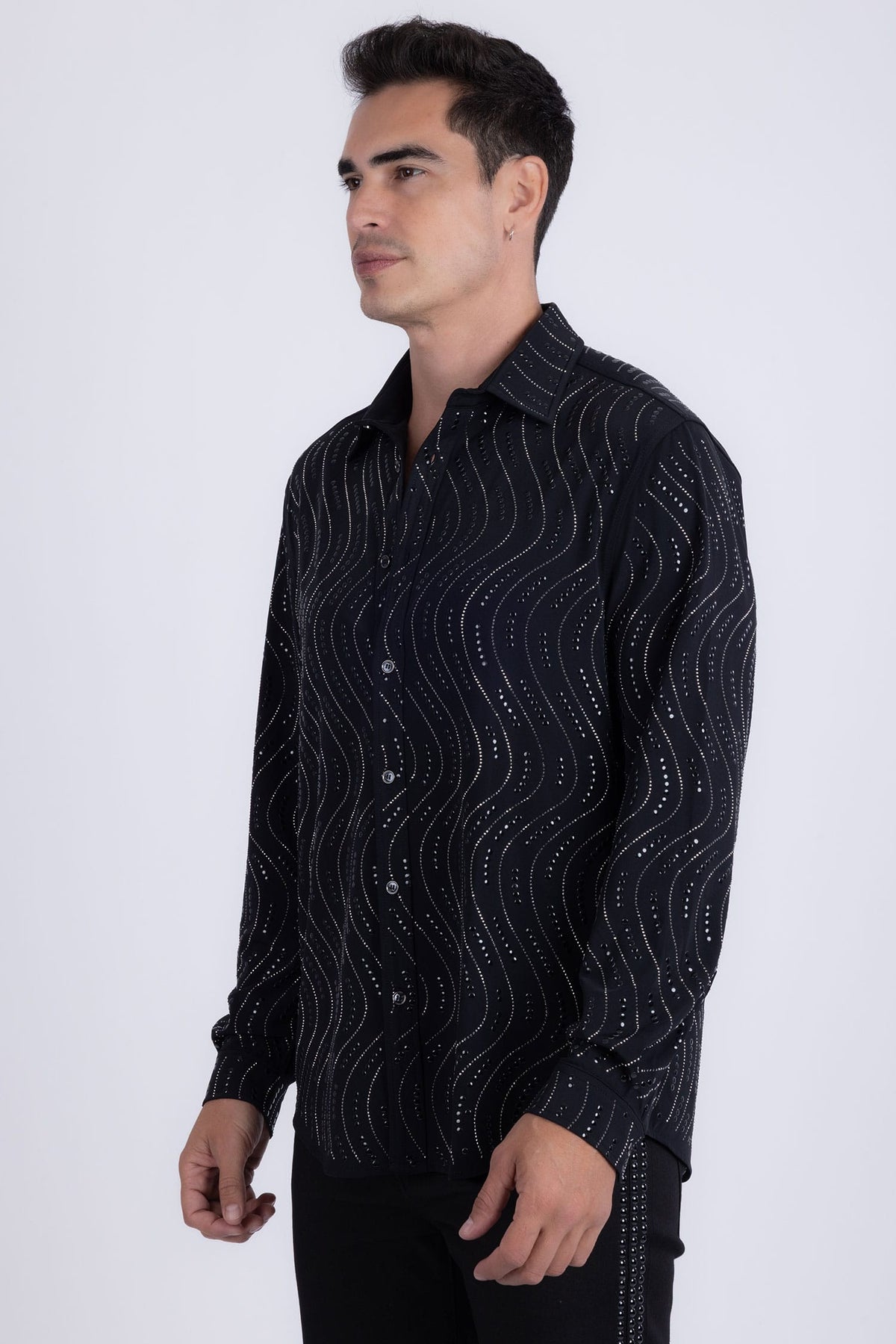 Men's Rhinestone Geometric Wave Print Shirt | BARABAS 6BR02 Black Gun Metal