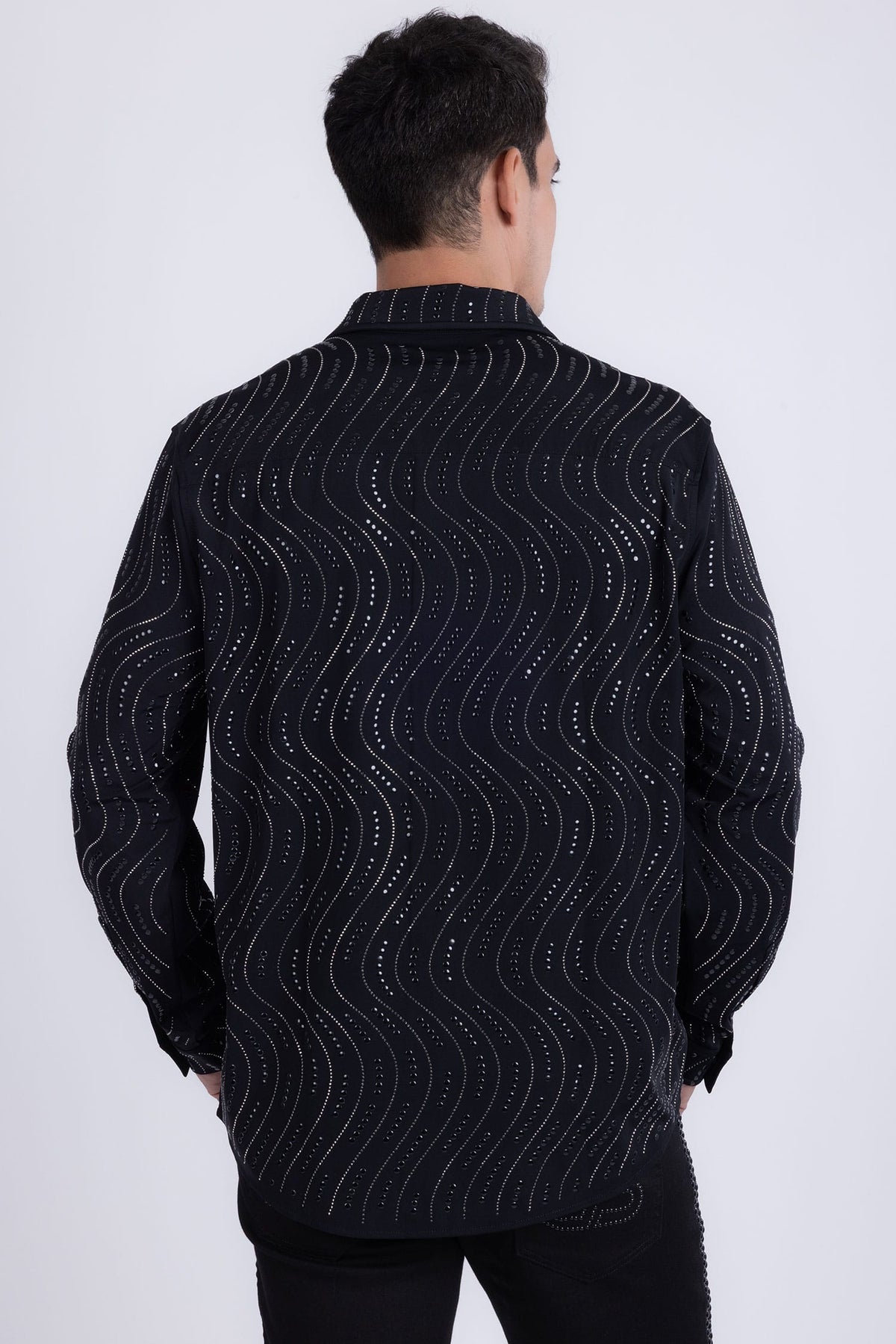 Men's Rhinestone Geometric Wave Print Shirt | BARABAS 6BR02 Black Gun Metal