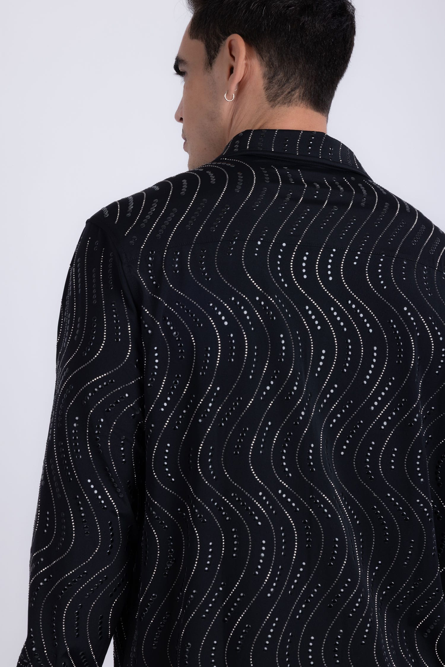 Men's Rhinestone Geometric Wave Print Shirt | BARABAS 6BR02 Black Gun Metal