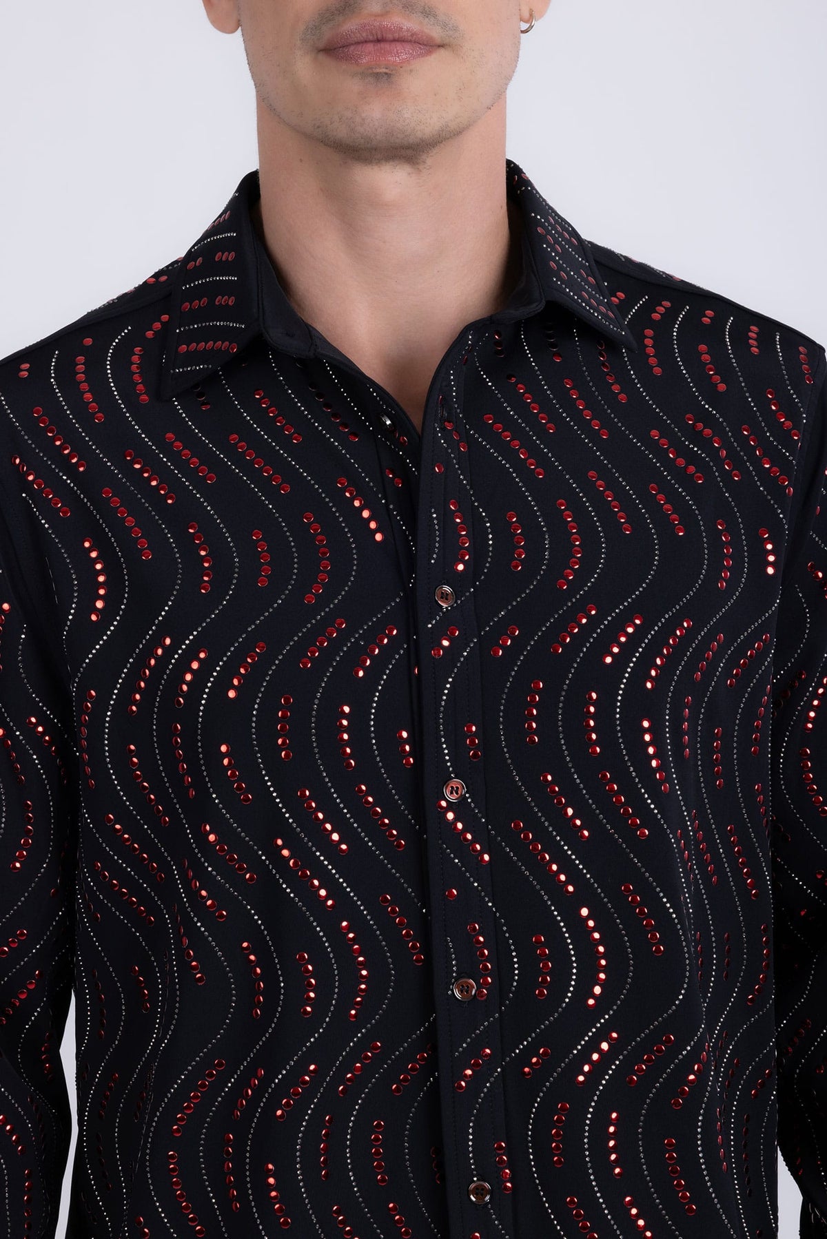 Men's Rhinestone Geometric Wave Print Shirt | BARABAS 6BR02 Black Red