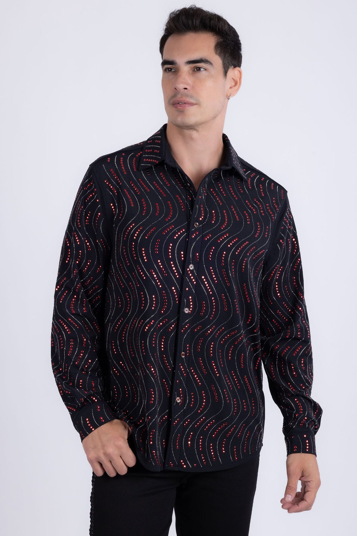 Men's Rhinestone Geometric Wave Print Shirt | BARABAS 6BR02 Black Red