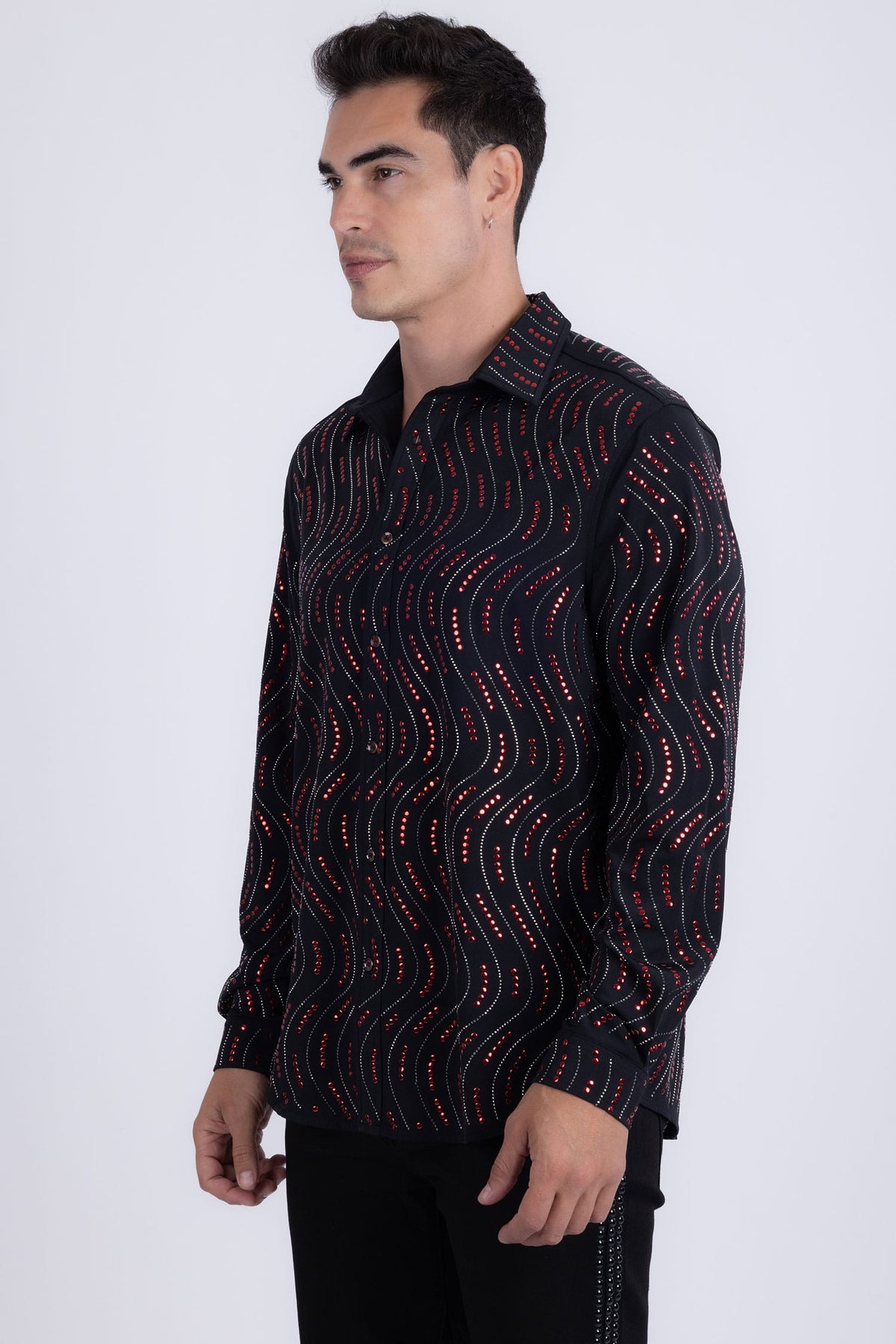 Men's Rhinestone Geometric Wave Print Shirt | BARABAS 6BR02 Black Red