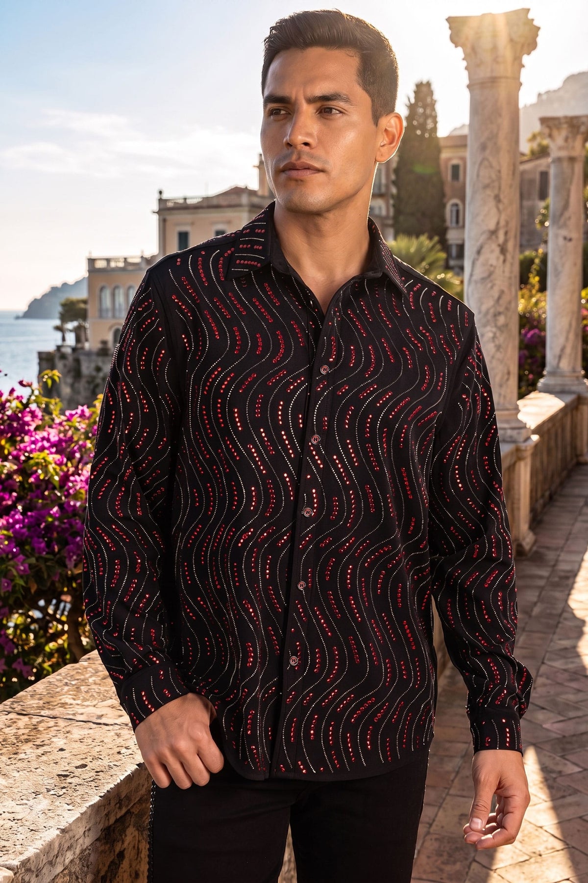 Men's Rhinestone Geometric Wave Print Shirt | BARABAS 6BR02 Black Red
