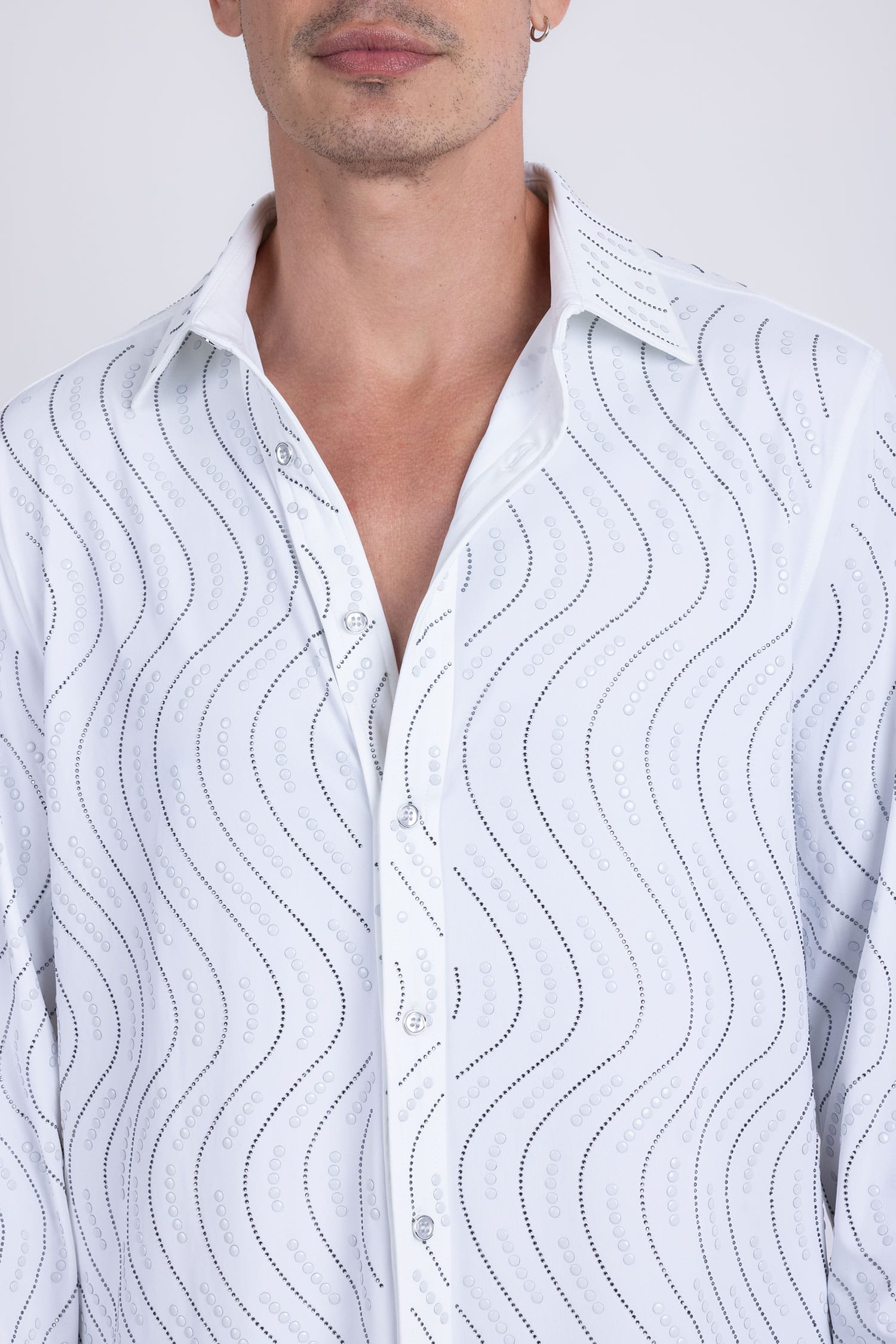 Men's Rhinestone Geometric Wave Print Shirt | BARABAS 6BR02 White