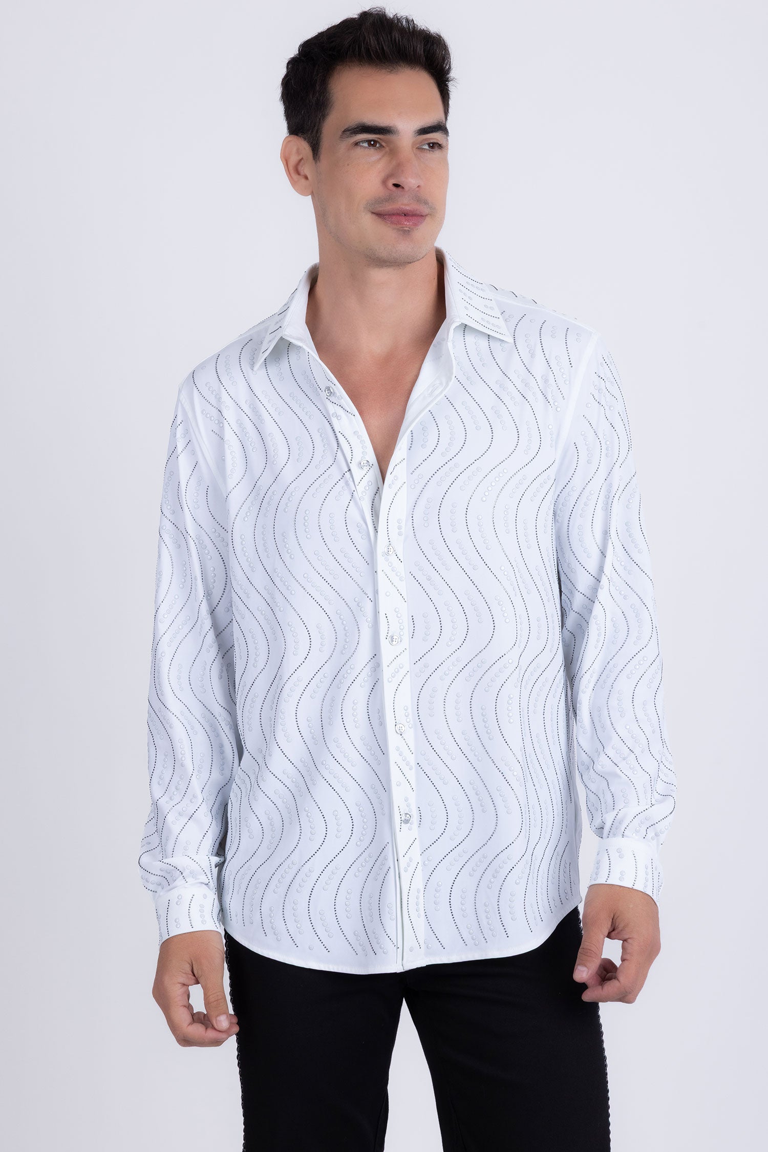Men's Rhinestone Geometric Wave Print Shirt | BARABAS 6BR02 White