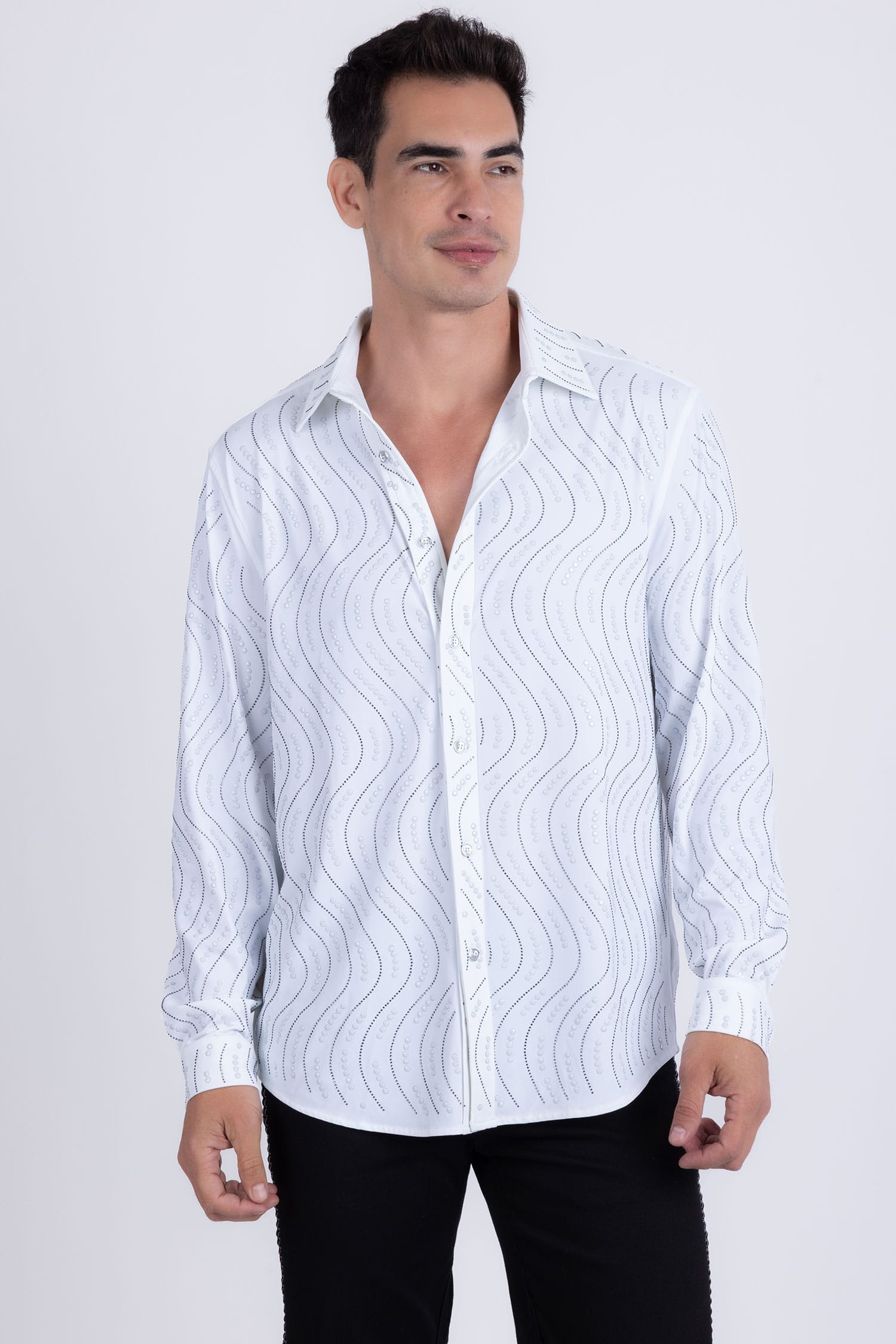 Men's Rhinestone Geometric Wave Print Shirt | BARABAS 6BR02 White