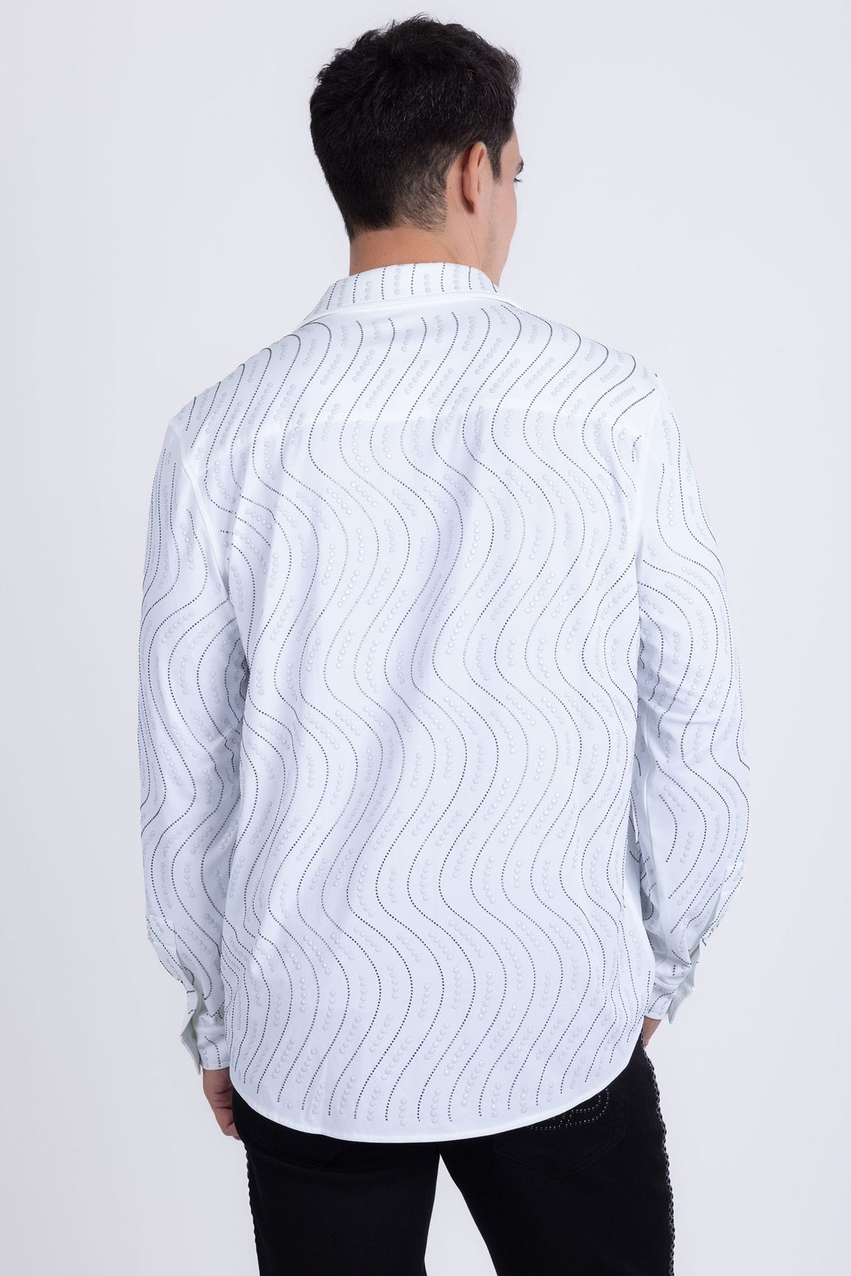 Men's Rhinestone Geometric Wave Print Shirt | BARABAS 6BR02 White