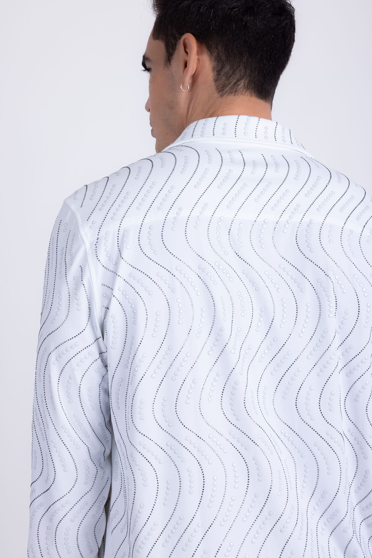 Men's Rhinestone Geometric Wave Print Shirt | BARABAS 6BR02 White