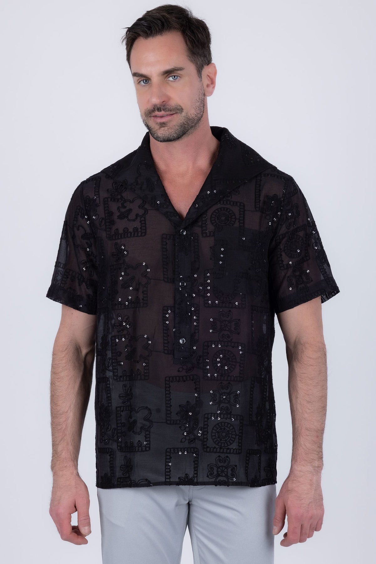 Barabas Men's Cuban Collared See-Through Short Sleeve Shirt 6CCS01 Black