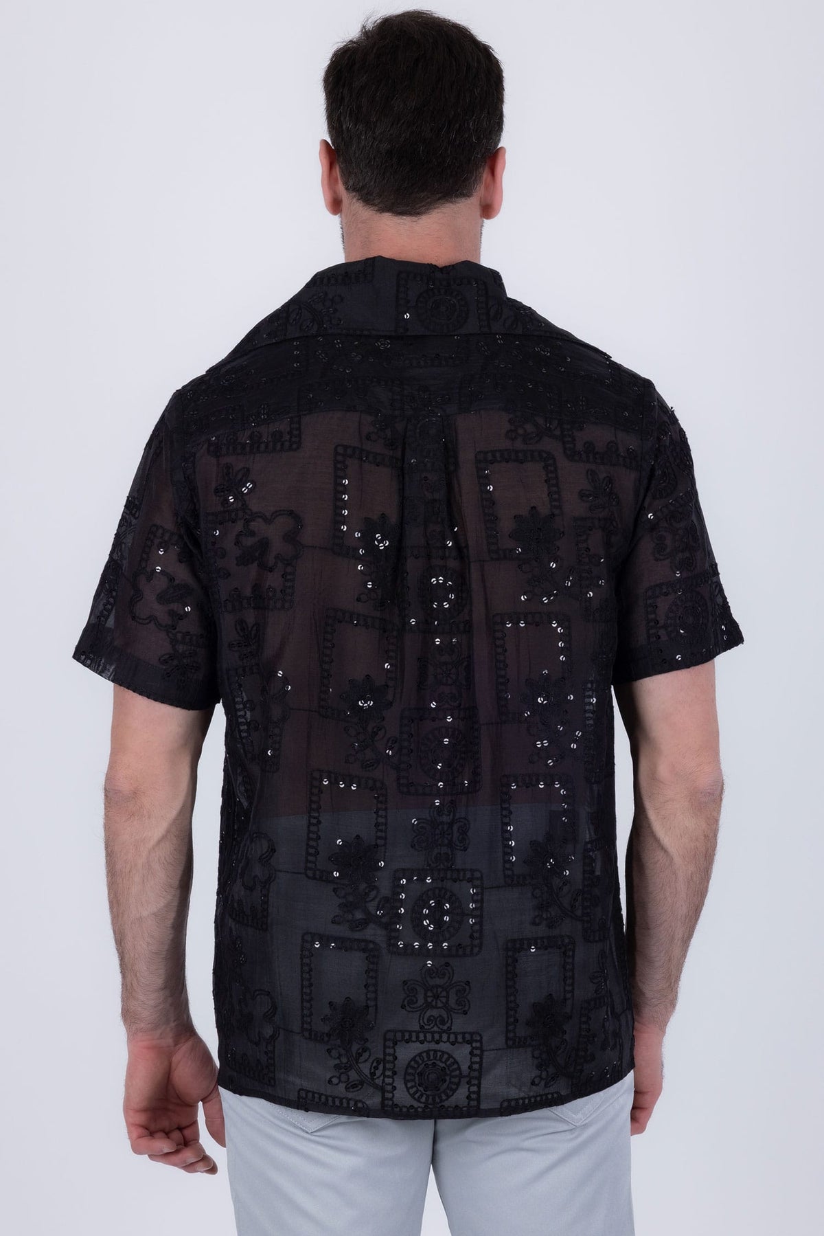 Barabas Men's Cuban Collared See-Through Short Sleeve Shirt 6CCS01 Charcoal