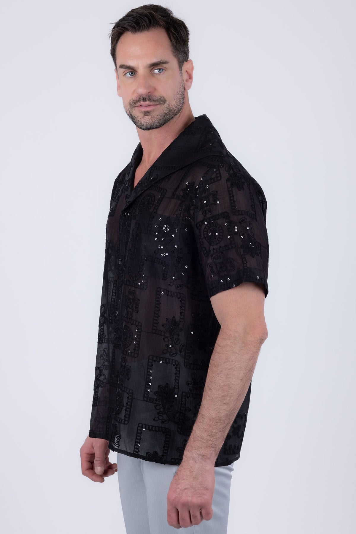 Barabas Men's Cuban Collared See-Through Short Sleeve Shirt 6CCS01 Black