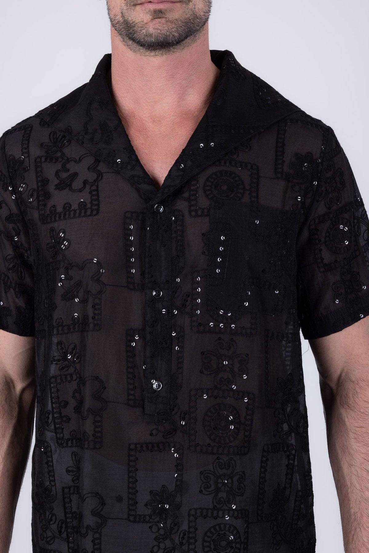 Barabas Men's Cuban Collared See-Through Short Sleeve Shirt 6CCS01 Black