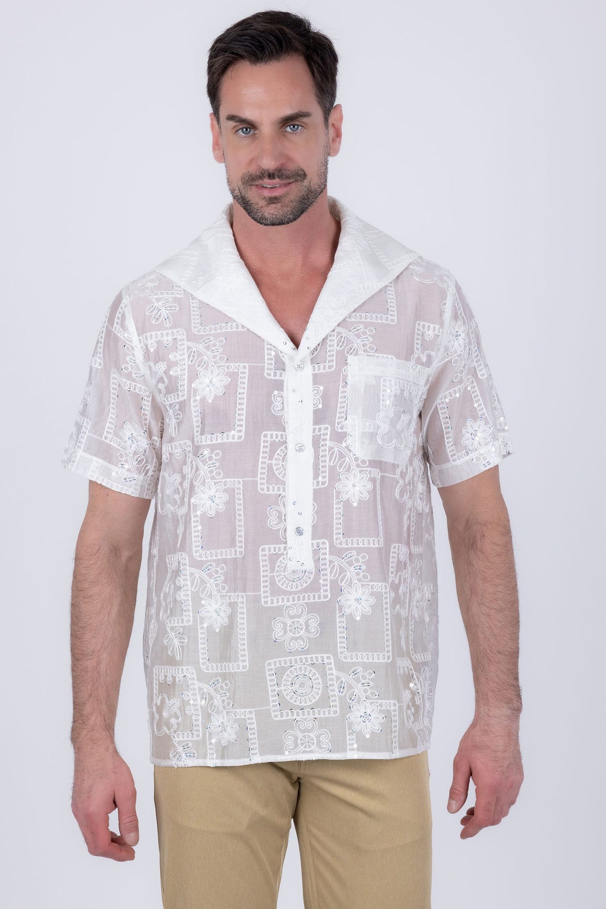 Barabas Men's Cuban Collared See-Through Short Sleeve Shirt 6CCS01 White