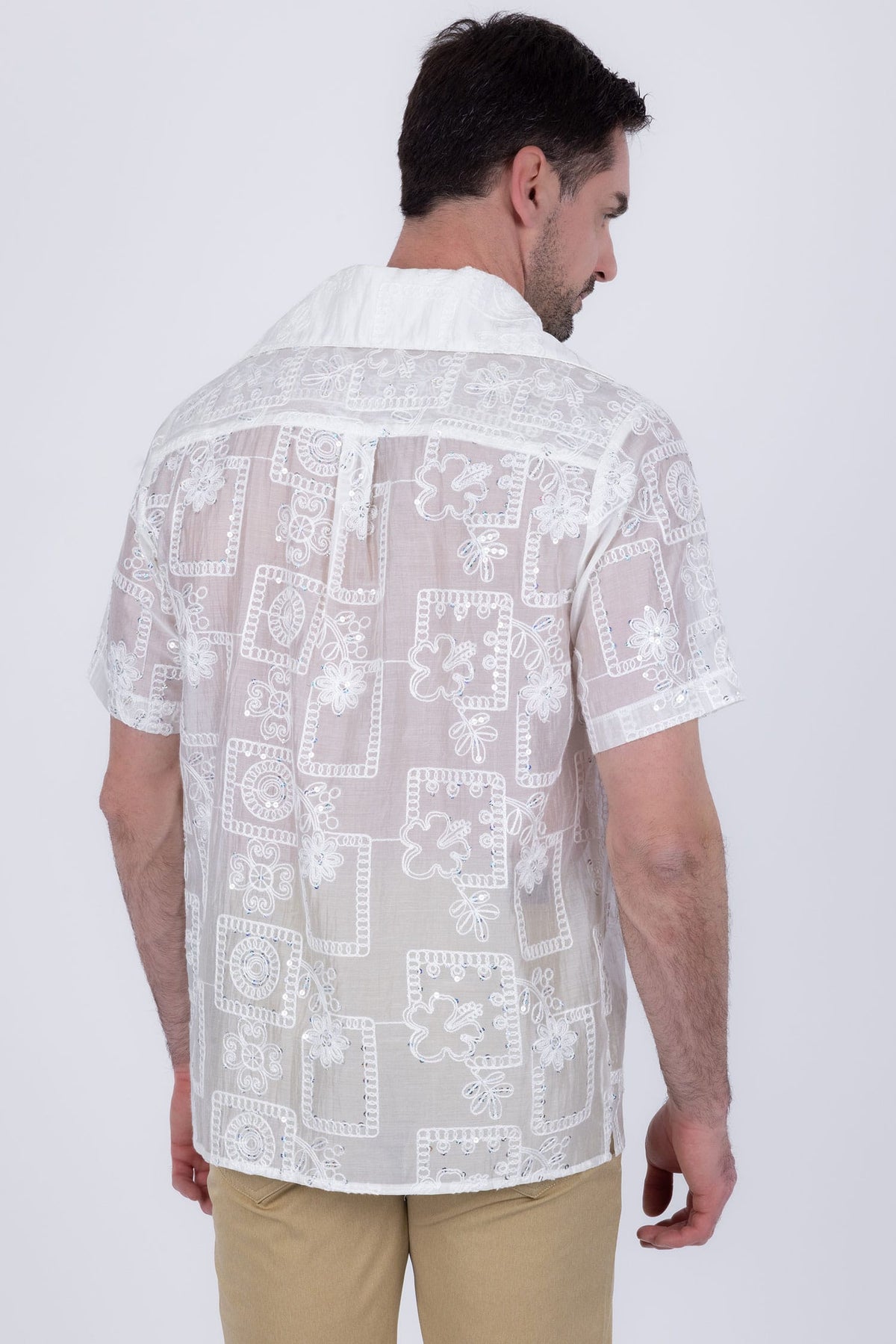 Barabas Men's Cuban Collared See-Through Short Sleeve Shirt 6CCS01 Off White