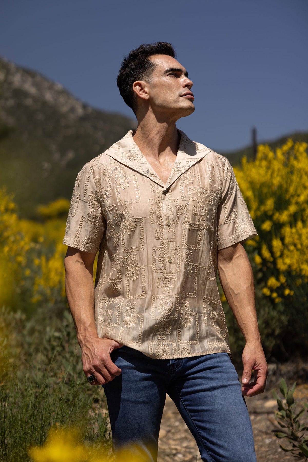 Barabas Men's Cuban Collared See-Through Short Sleeve Shirt 6CCS01 Tan