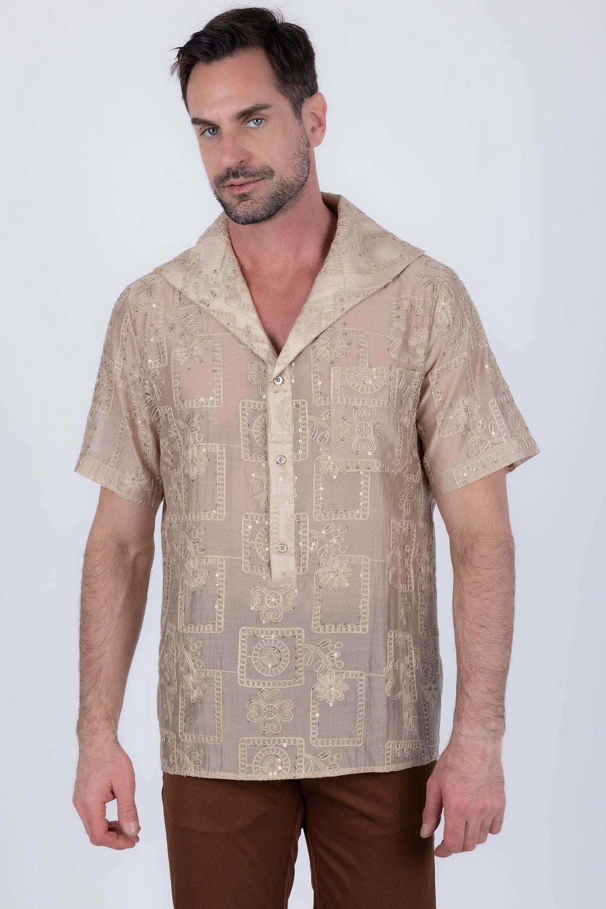 Barabas Men's Cuban Collared See-Through Short Sleeve Shirt 6CCS01 Tan
